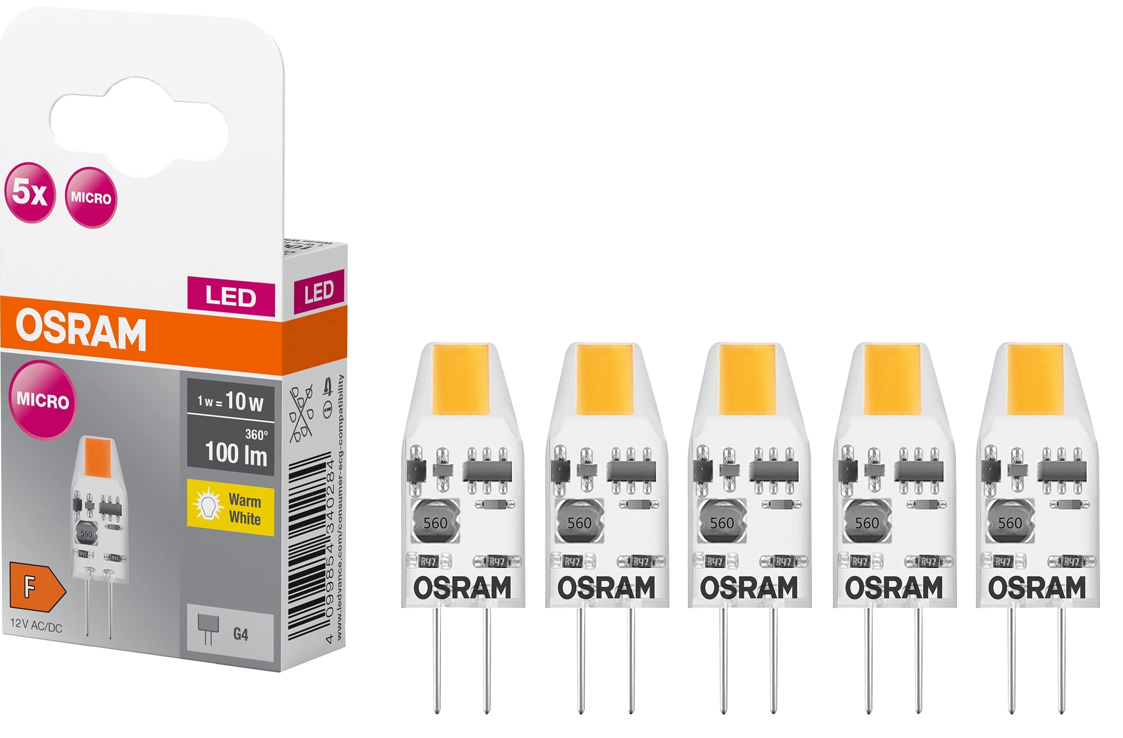 OSRAM LED-Lampe PIN, 5 Stück, G4, 1 W, 100 lm, 2700 K