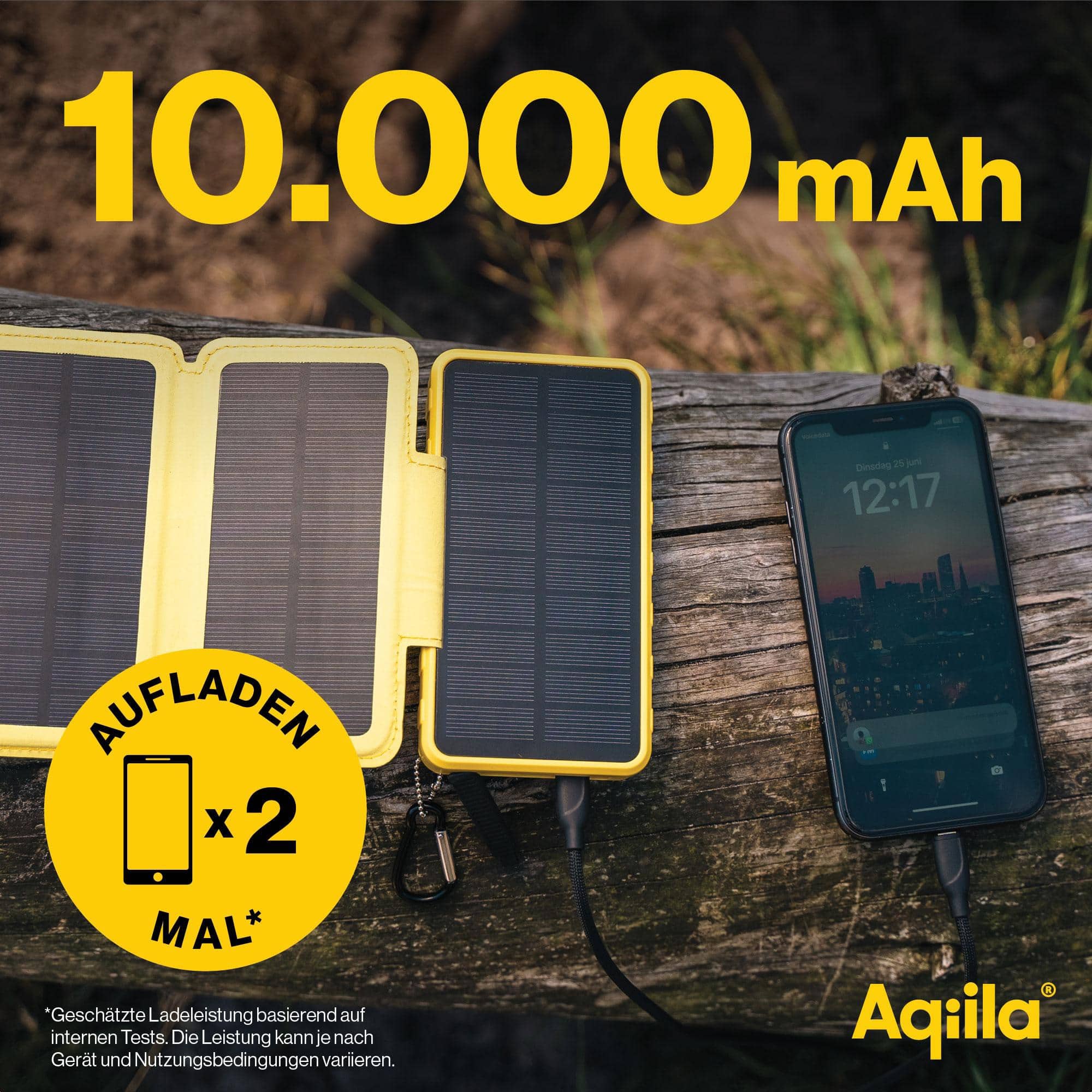 AQIILA Solar Powerbank Powerbird BS10, 20 W, 10.000mAh, USB-A, USB-C, gelb