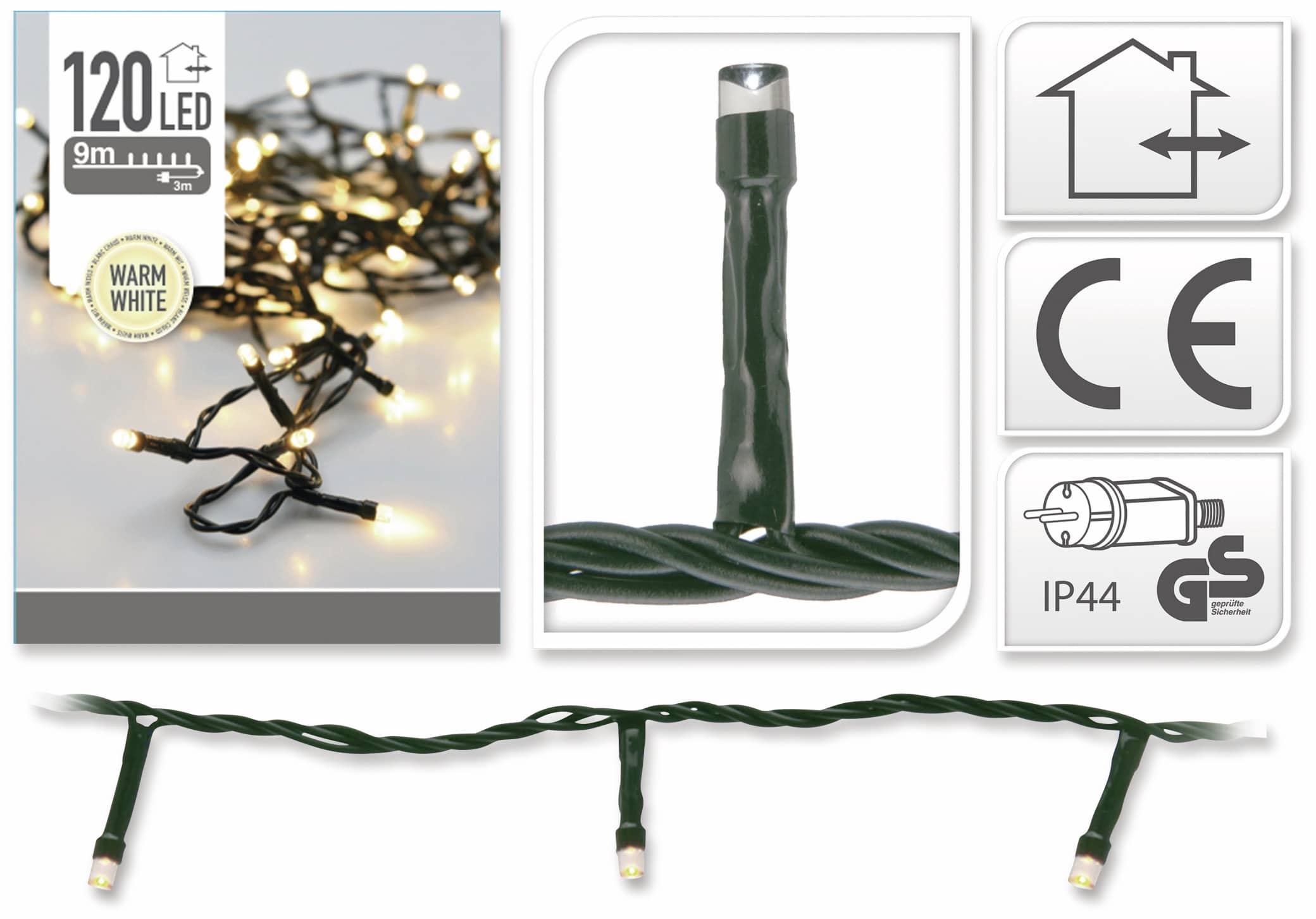 LED-Lichterkette, 120 LEDs, warmweiß, 230V~, IP44, Innen/Außen, grün