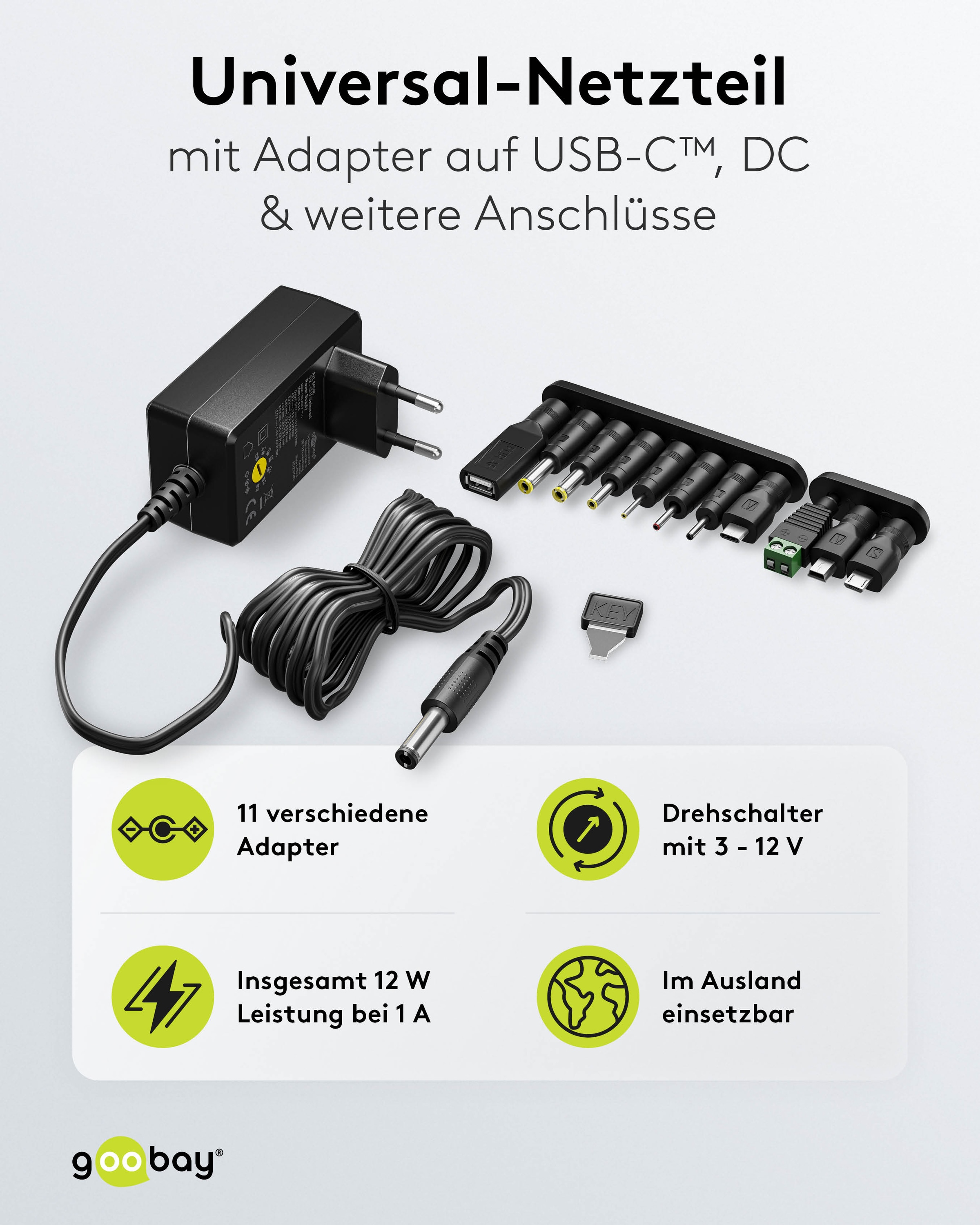 GOOBAY Universal-Netzteil 64568, 3...12 V-/12 W, 11-Adapter, inkl. USB-Adapter