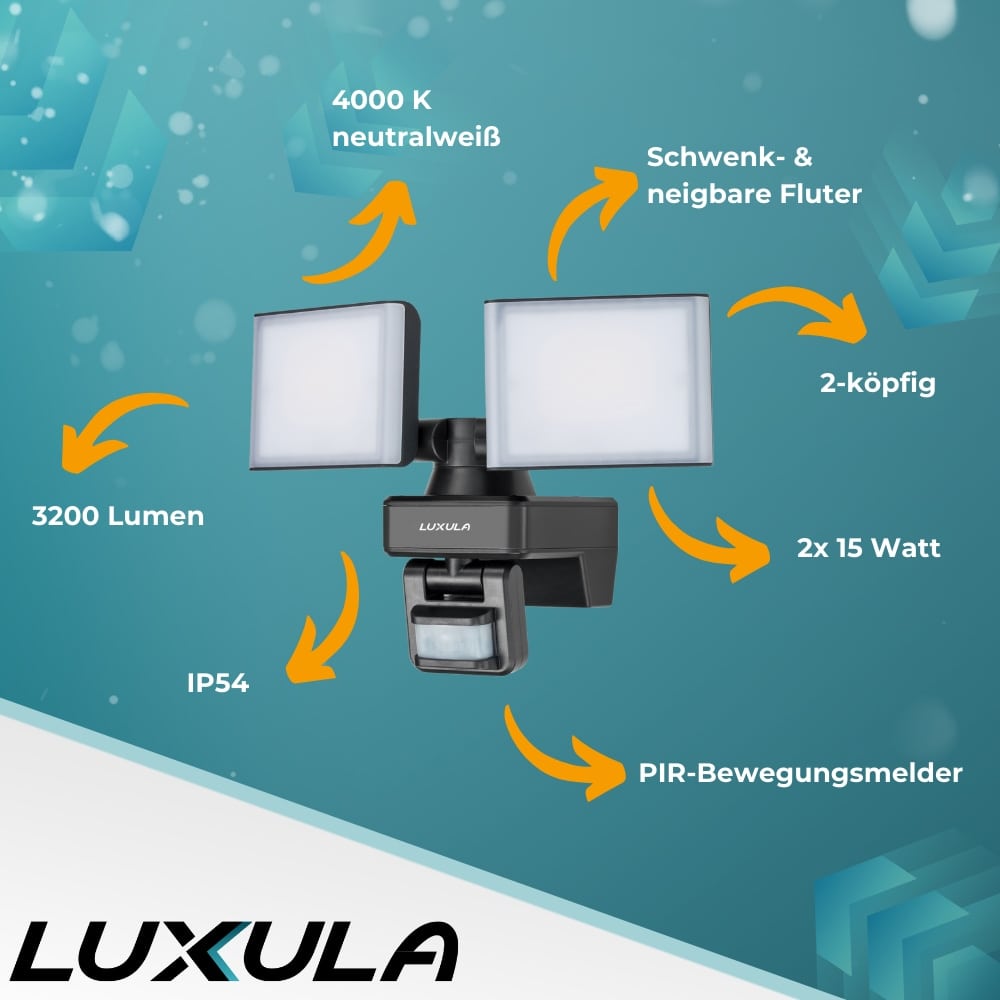 LUXULA LED-Fluter LX400192, mit BM, 2-köpfig, 2x 15 W, 3200 lm, 4000 K