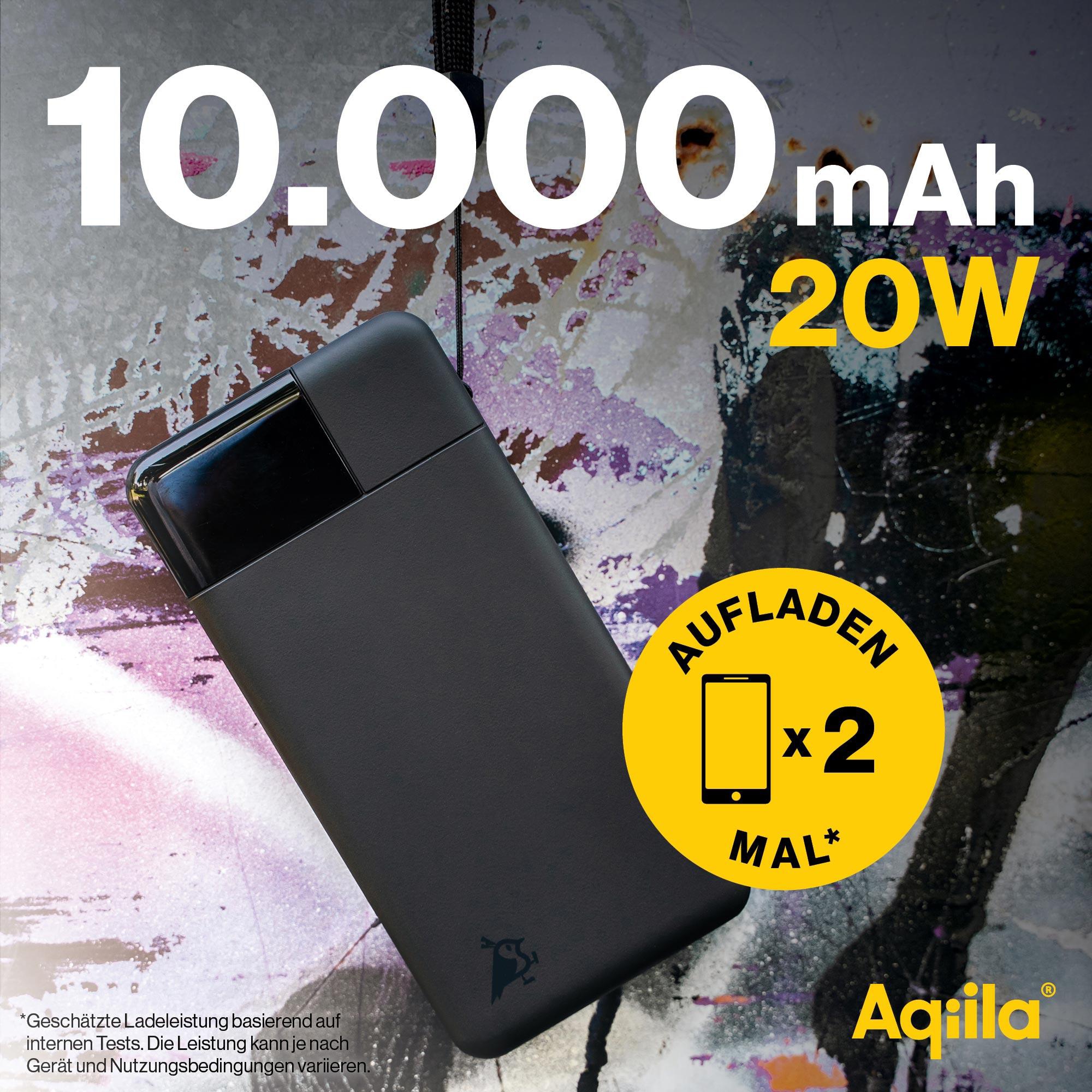 AQIILA Powerbank Powerbird B10, 20 W, 10.000mAh, 1x USB-A, 2x USB-C, schwarz