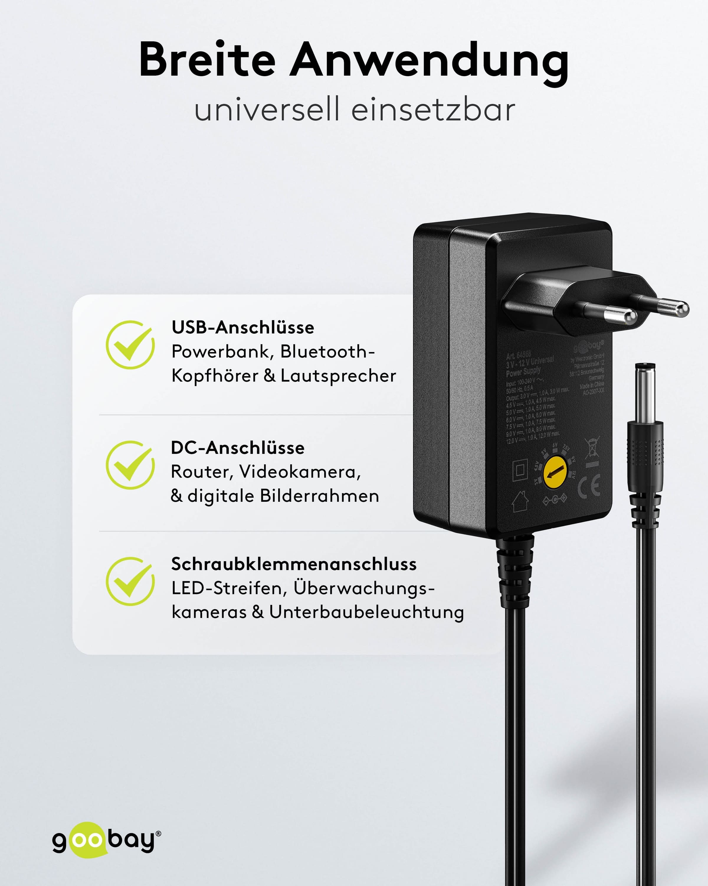 GOOBAY Universal-Netzteil 64568, 3...12 V-/12 W, 11-Adapter, inkl. USB-Adapter