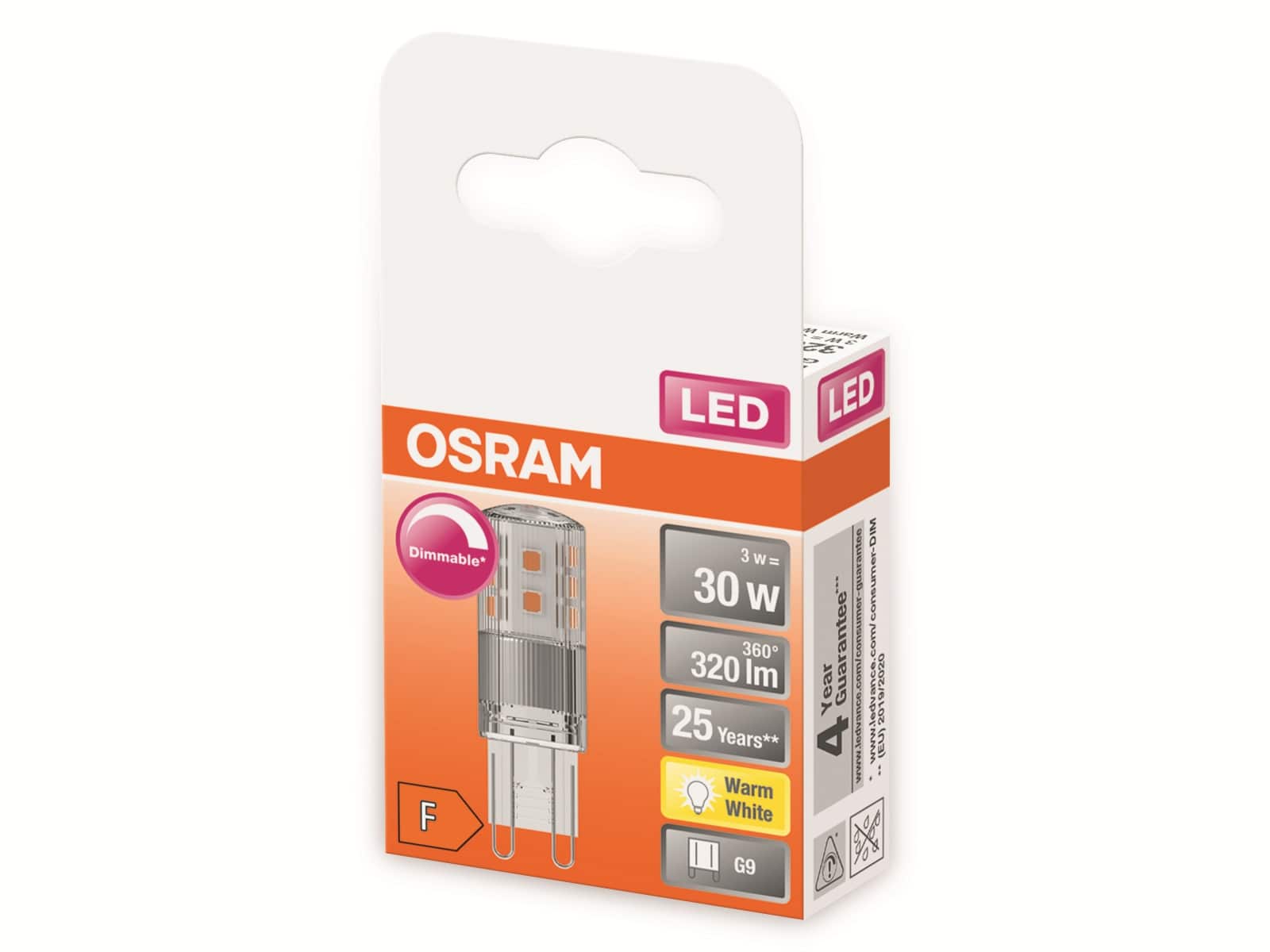 OSRAM LED-Stiftsockellampe, PIN32, G9, EEK: F, 3W, 320lm, 2700K