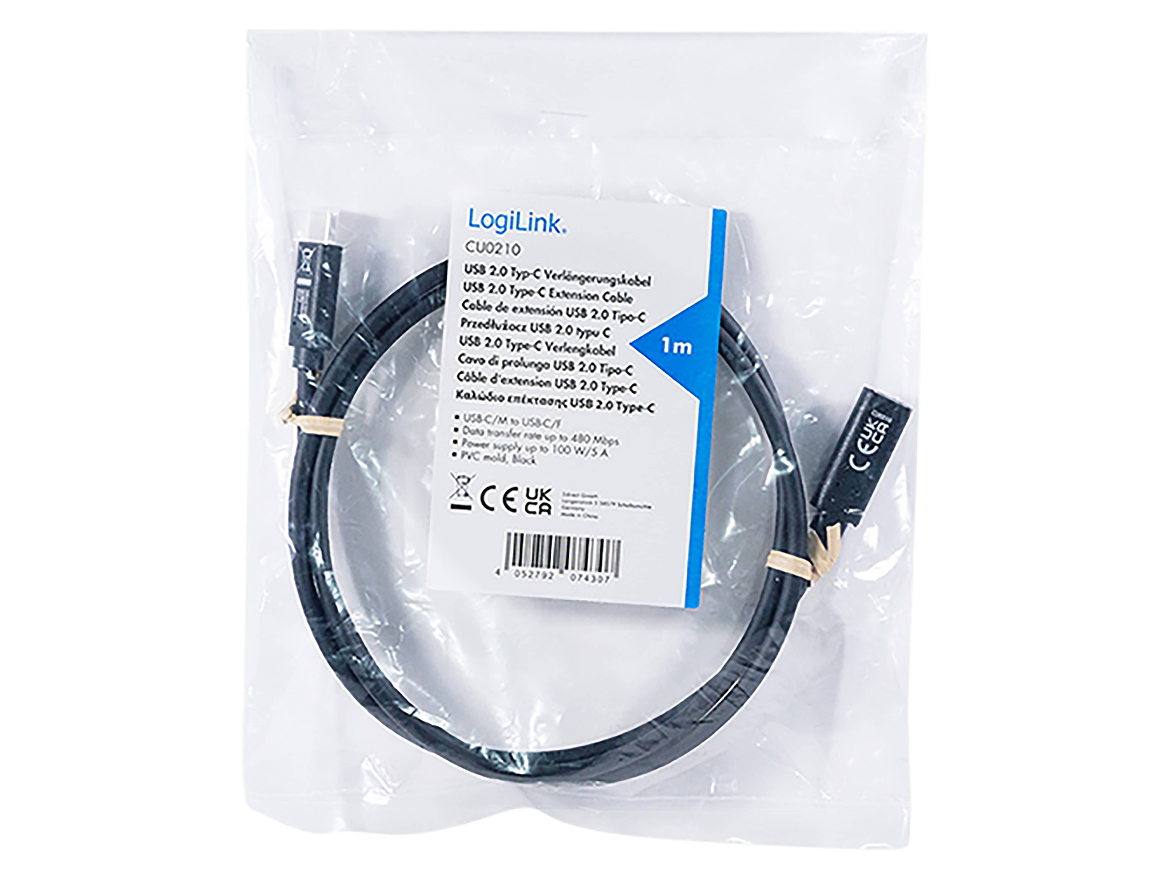 LOGILINK USB2.0 Kabel CU0210 USB-C M/USB-C F PD 1m schwarz