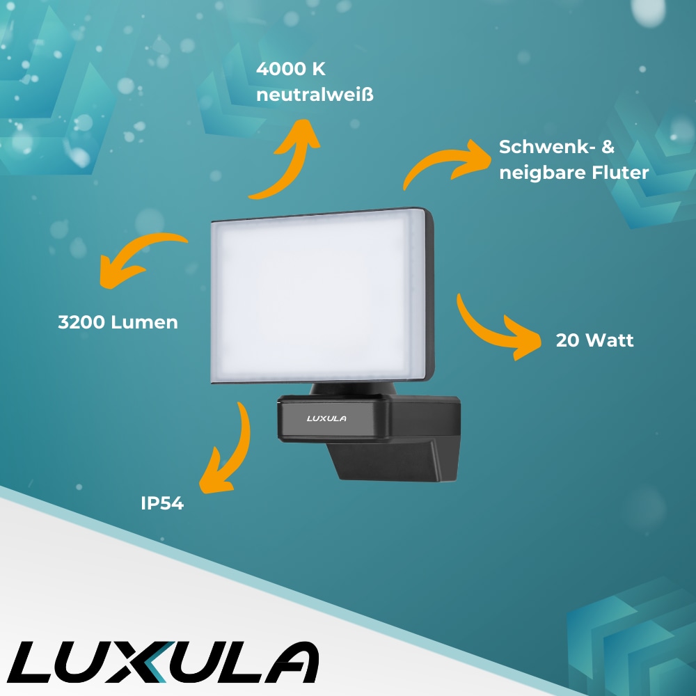 LUXULA LED-Fluter LX400191, 20 W, 2100 lm, 4000 K, schwarz