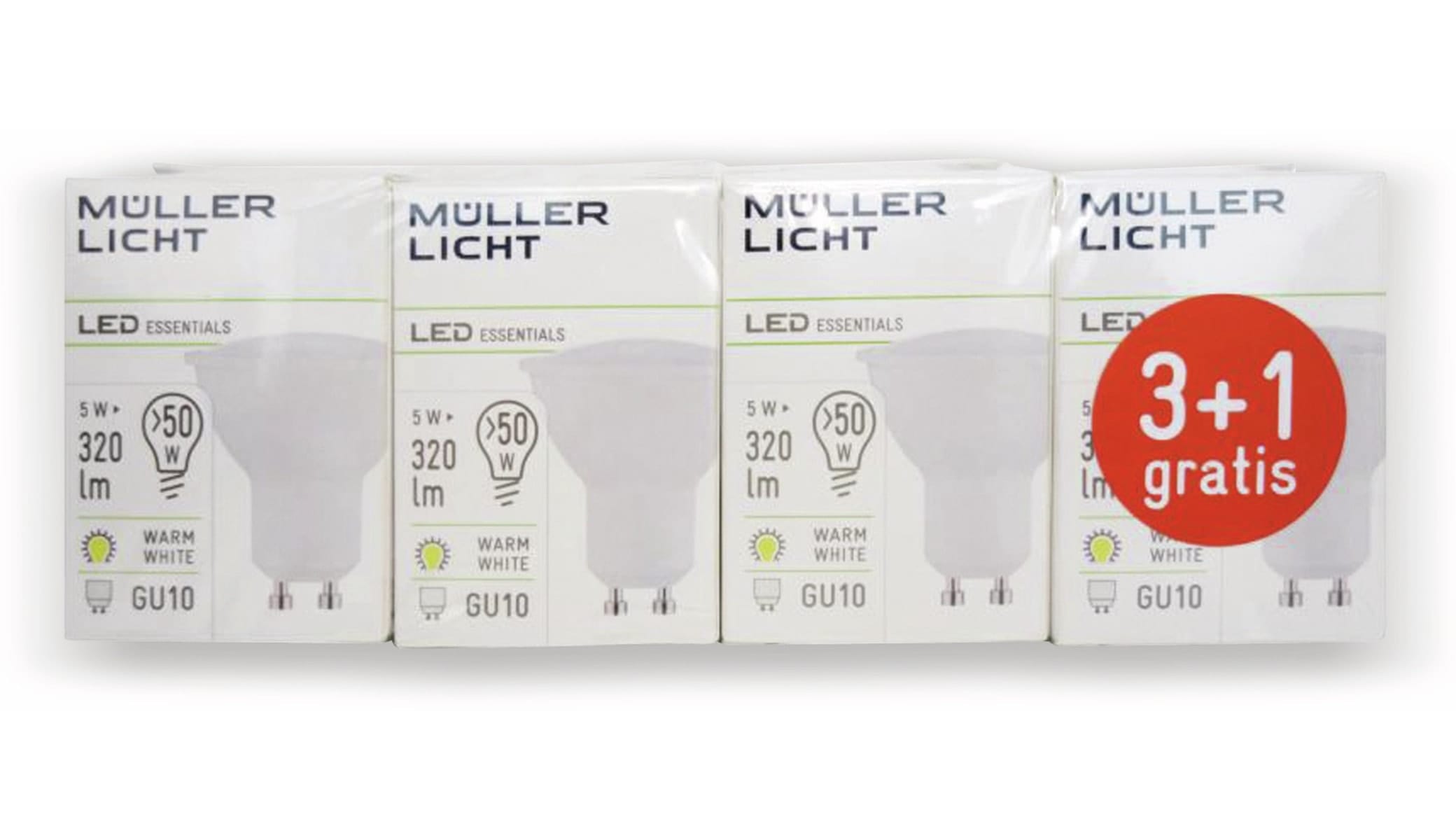 MÜLLER-LICHT LED-Lampe GU10, EEK: G, 5 W, 320 lm, 2700 K, 4 Stück