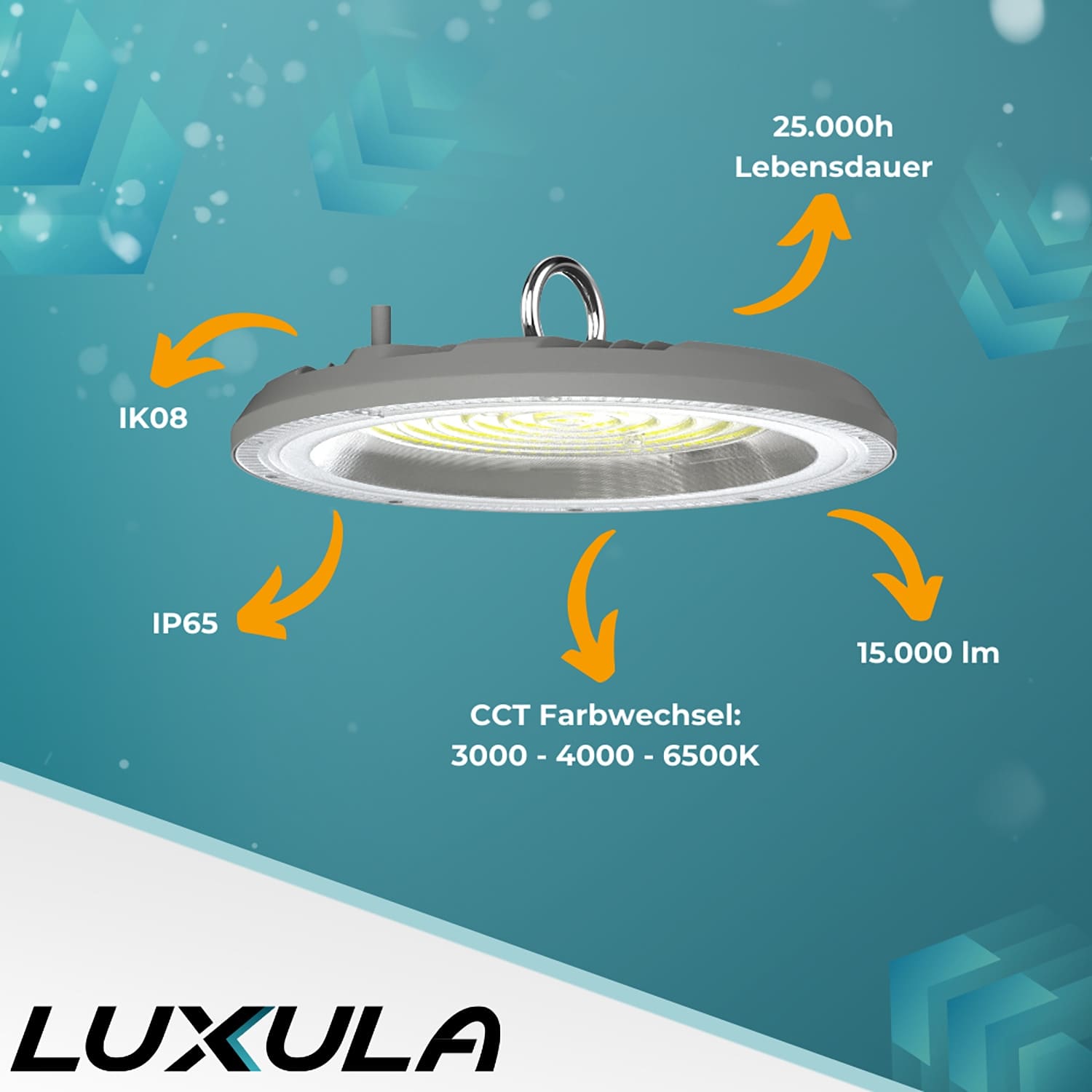 LUXULA LED-Hallenleuchte LX500136, HighBay, UFO, 150W, 15000lm, CCT, IP65