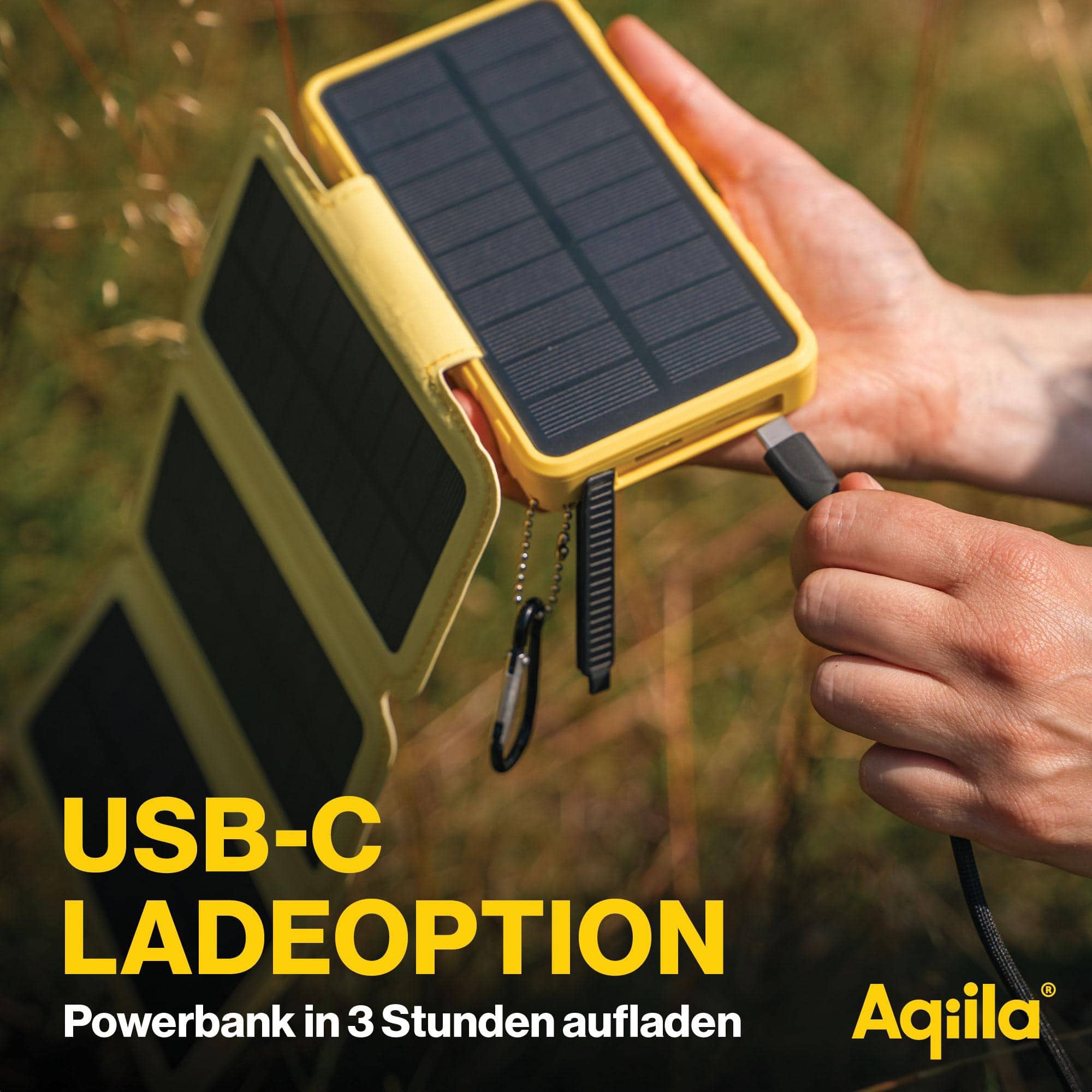 AQIILA Solar Powerbank Powerbird BS10, 20 W, 10.000mAh, USB-A, USB-C, gelb