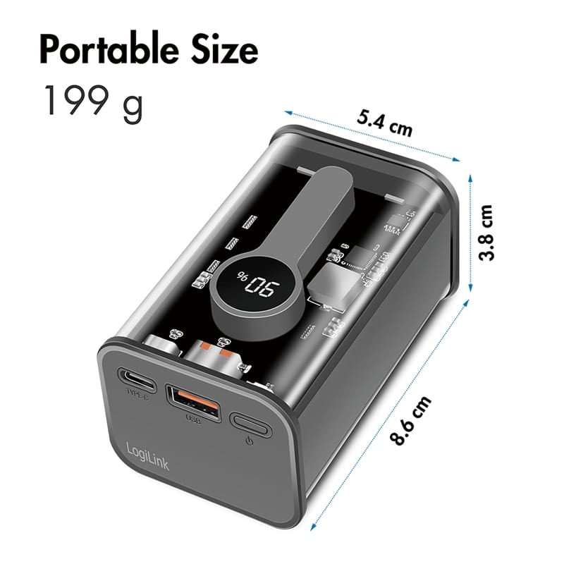 LOGILINK USB Powerbank PA0306, 10.000mAh, 2x USB, mit Display, transp.