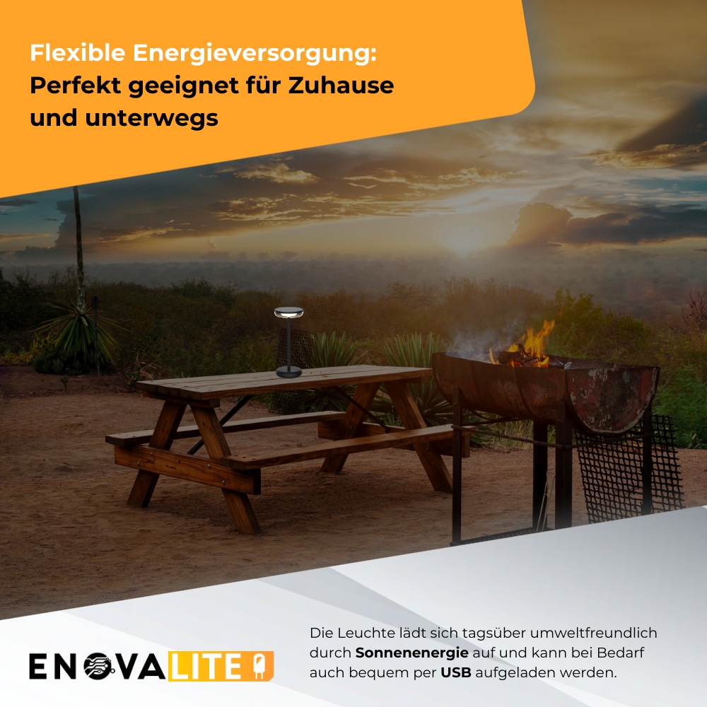 ENOVALITE LED-Akku-Tischleuchte, Solar- u. Netzbetrieb, dimmbar, 2700K