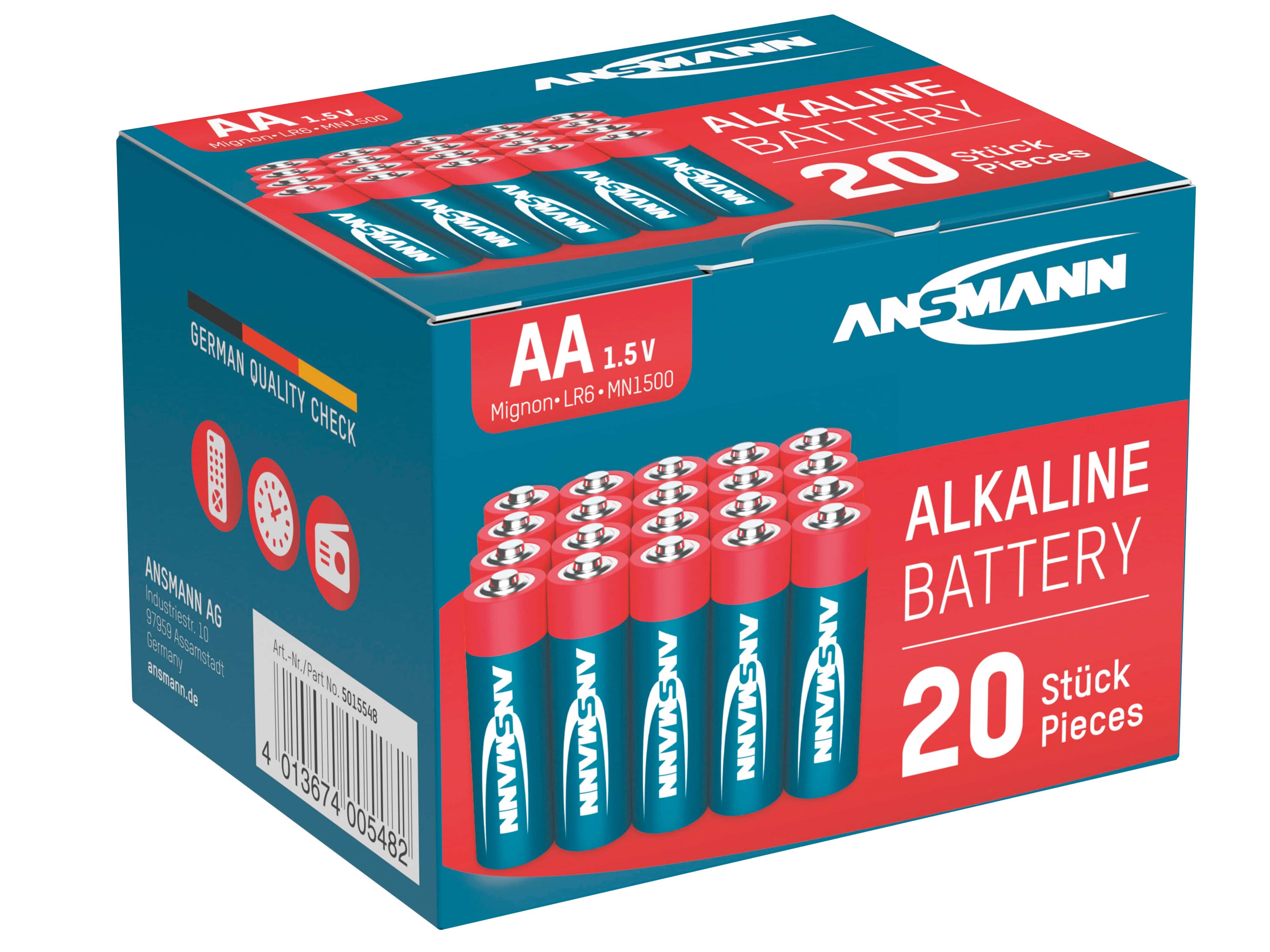 ANSMANN Mignon-Batterie-Set, Alkaline, 20 Stück in einer Box, 1,5 V-