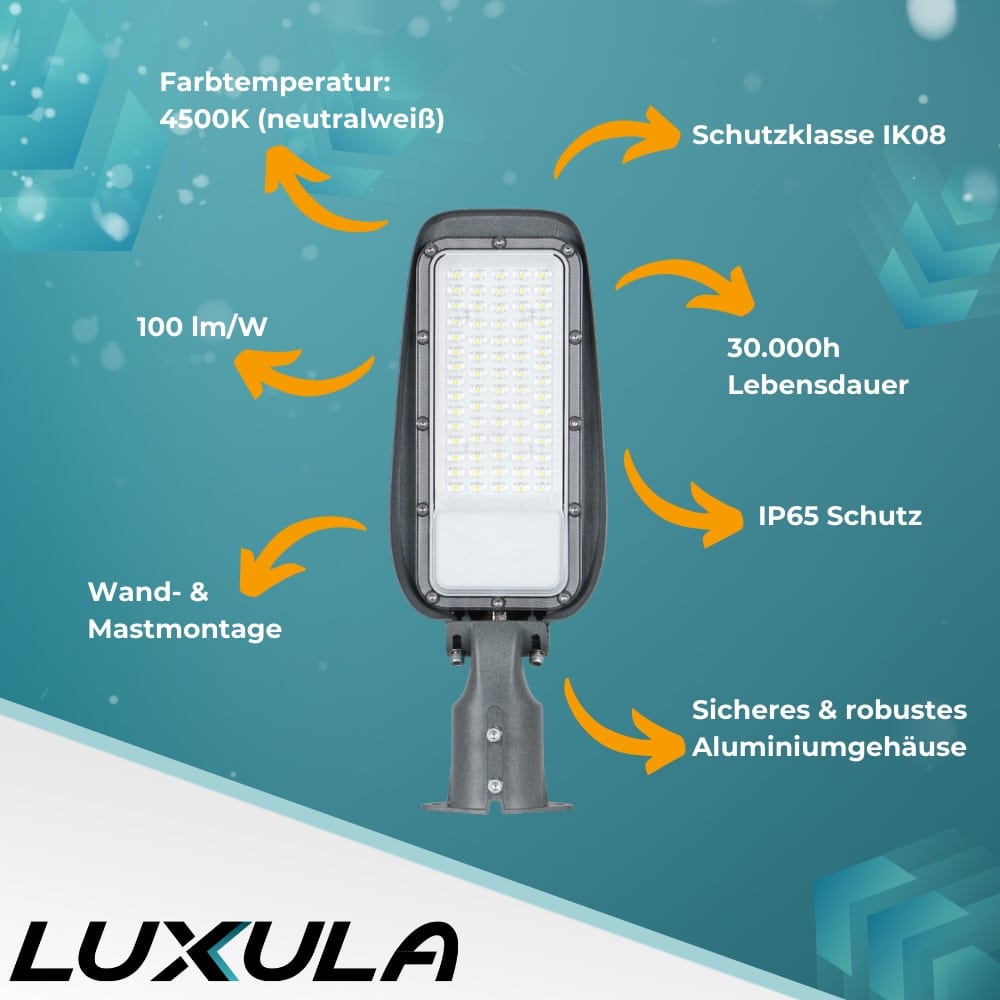 LUXULA LED-Straßenleuchte, EEK: F, 30W, 3000lm, 4500K, IP65, grau