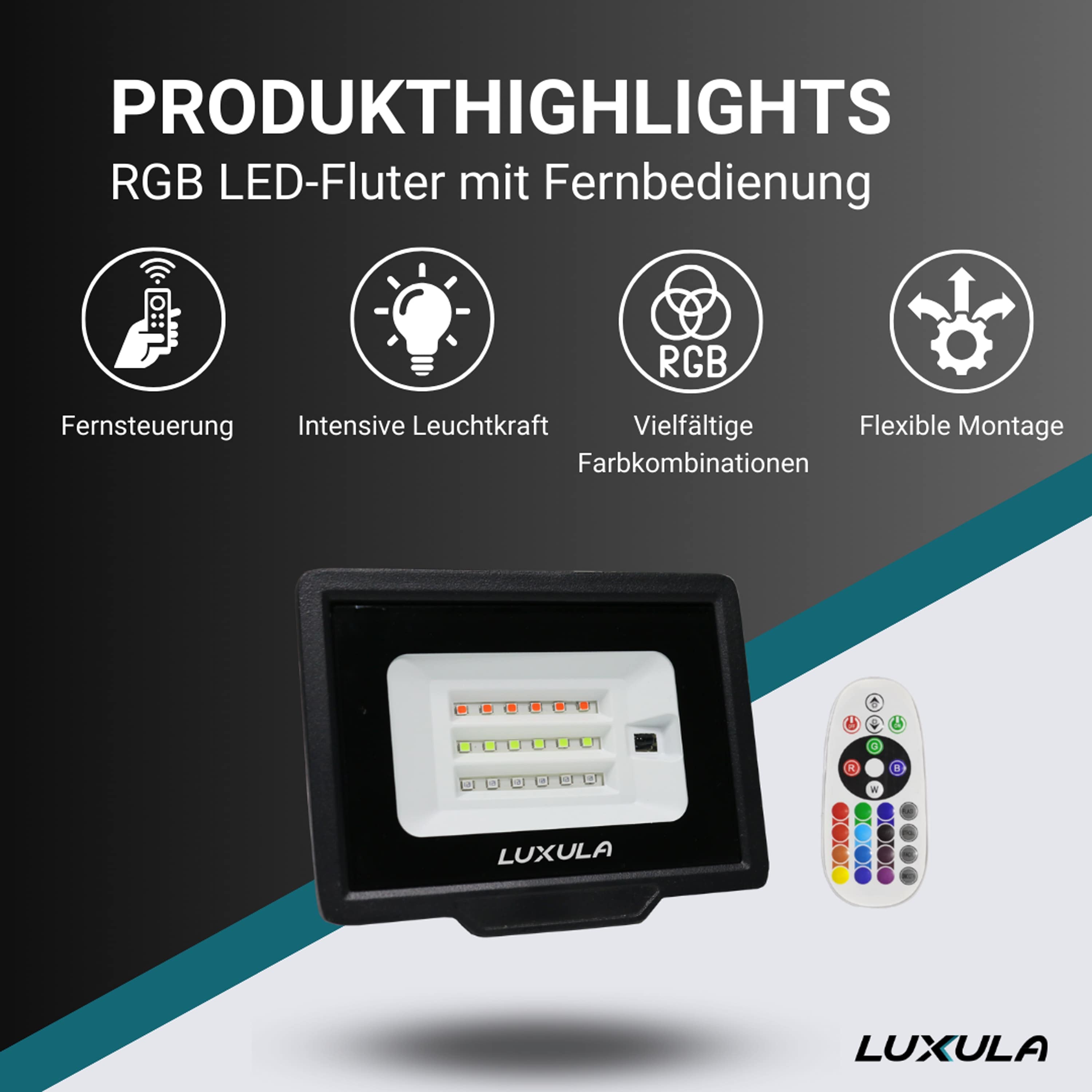 LUXULA RGB LED-Fluter LX400184, 100W, IP65, schwarz, mit Fernbedienung