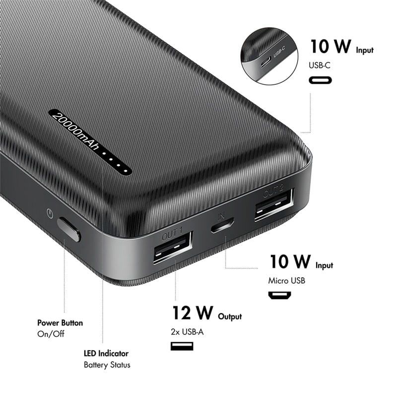 LOGILINK USB Powerbank PA0323, 20.000mAh, 3-fach, 2xUSB-A, 1xUSB-C, schwarz