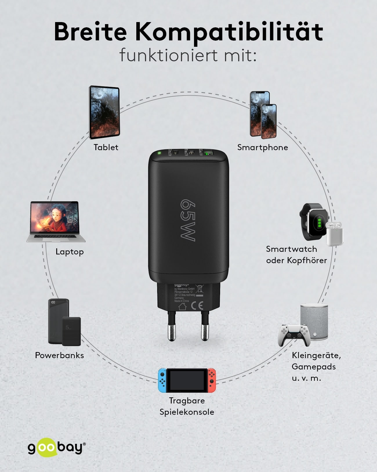 GOOBAY USB-Lader 65407, 65 W, 3-fach, 2xC PD, 1xA QC GaN, schwarz