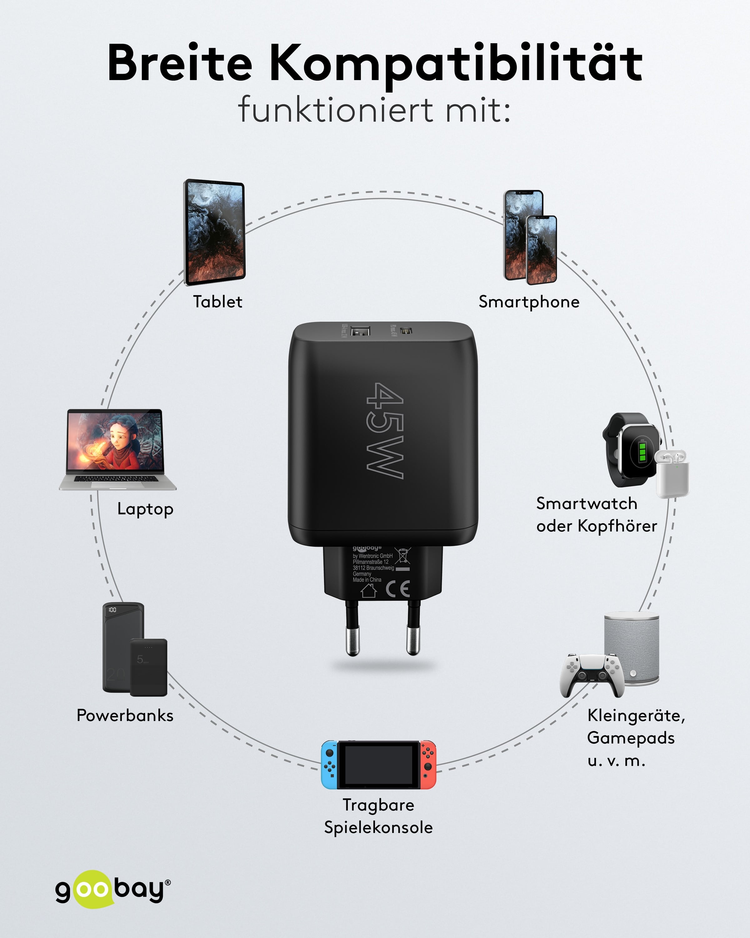 GOOBAY USB-Lader 65411, 45 W, 2-fach, 1xC PD, 1xA GaN, schwarz