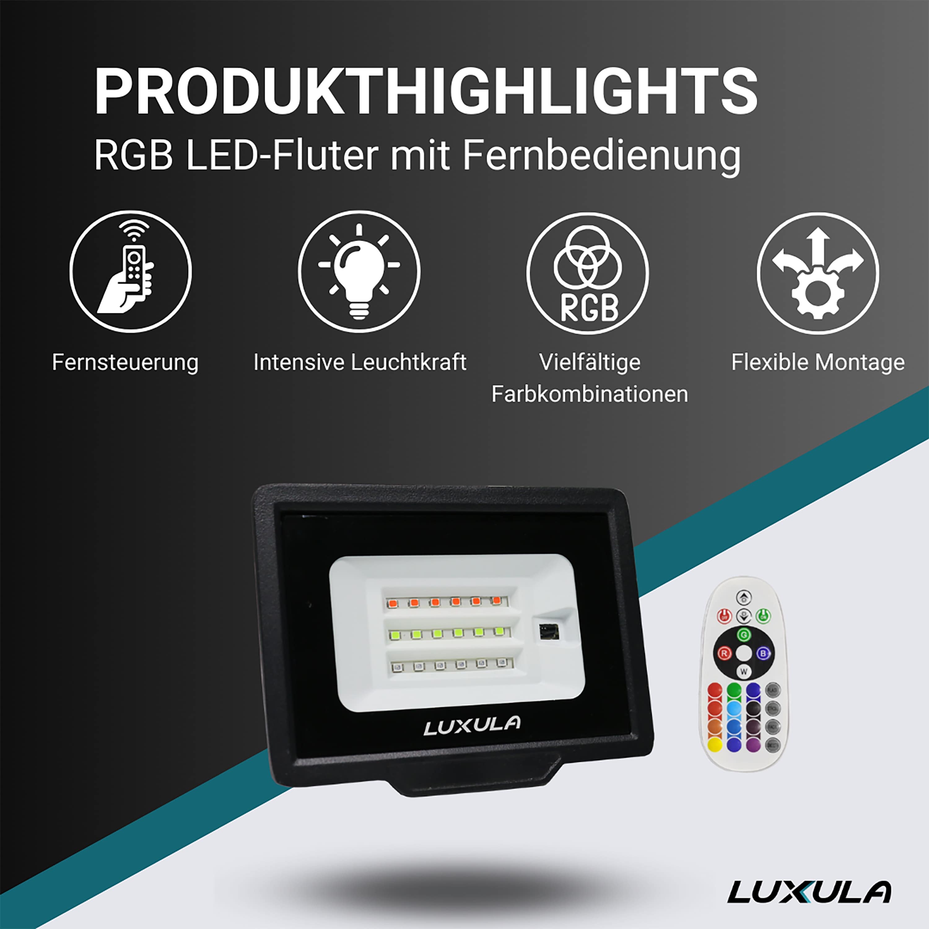 LUXULA RGB LED-Fluter LX400183, 50W, IP65, schwarz, mit Fernbedienung