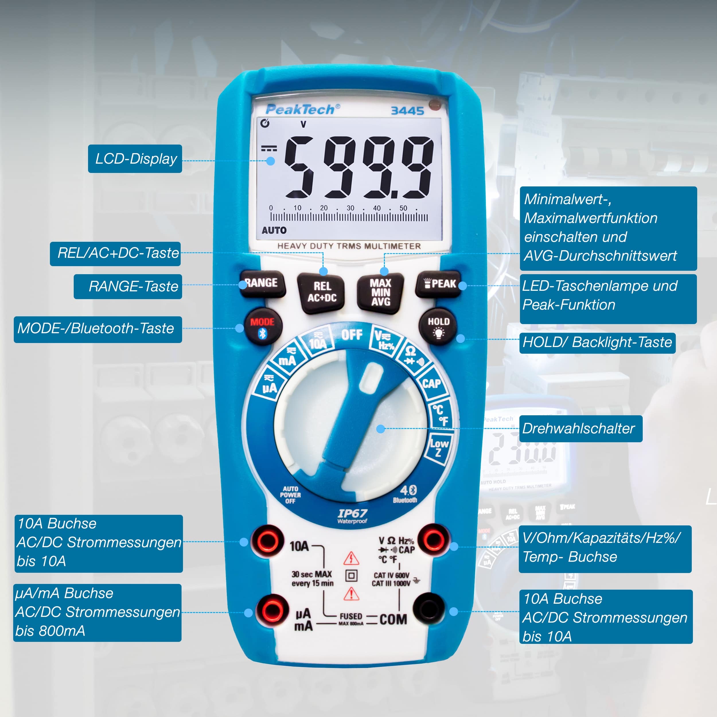 PEAKTECH Multimeter, P 3445, True RMS, Bluetooth