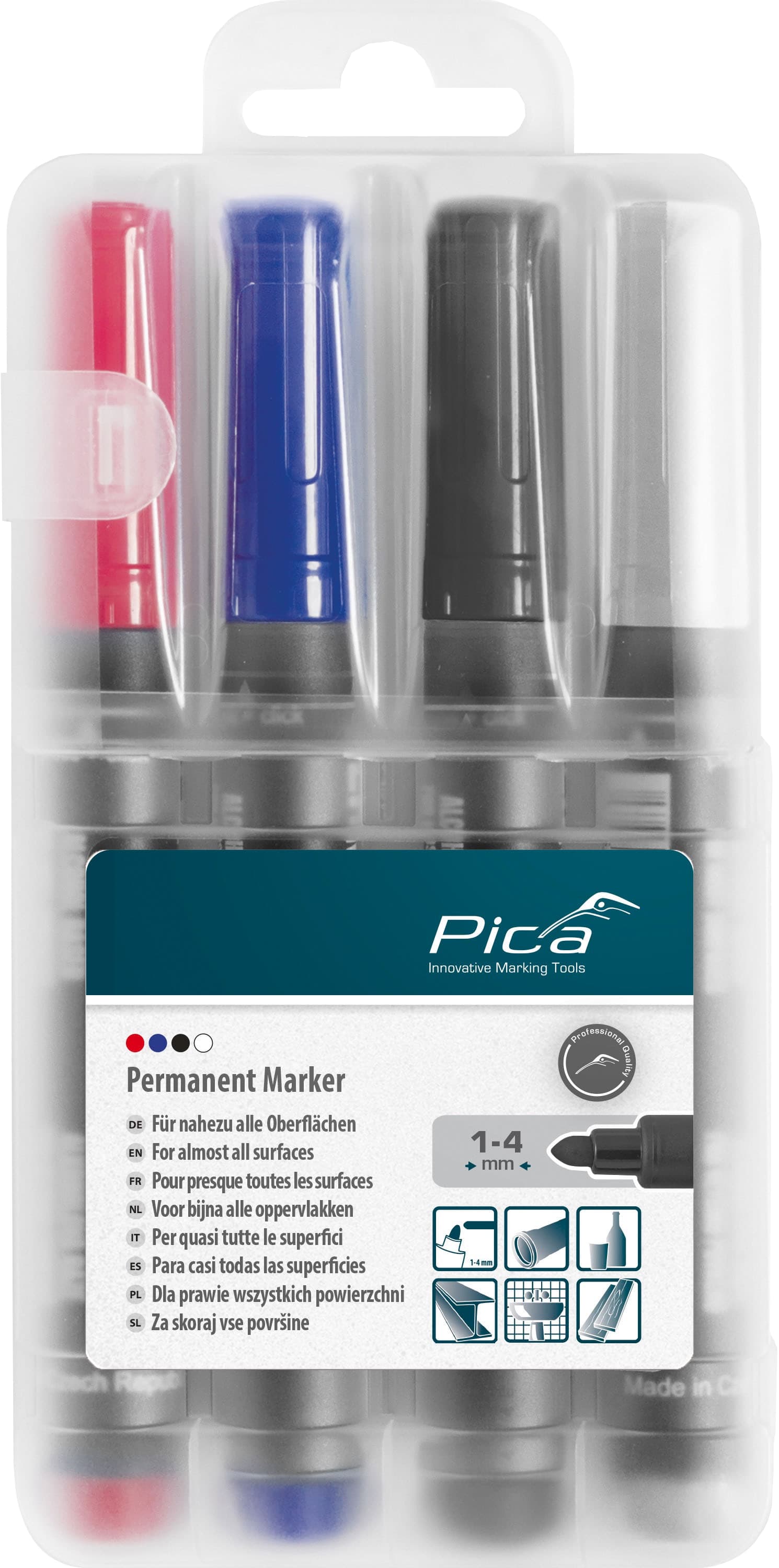 PICA Classic Permanent Marker 4er Set, 520/04, Rundspitze, schwarz/rot/blau/weiß