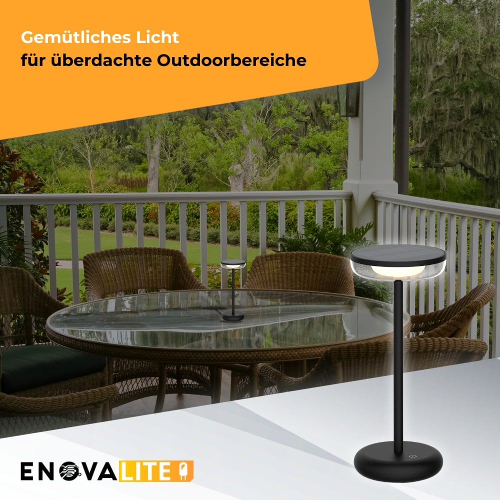 ENOVALITE LED-Akku-Tischleuchte, Solar- u. Netzbetrieb, dimmbar, 2700K