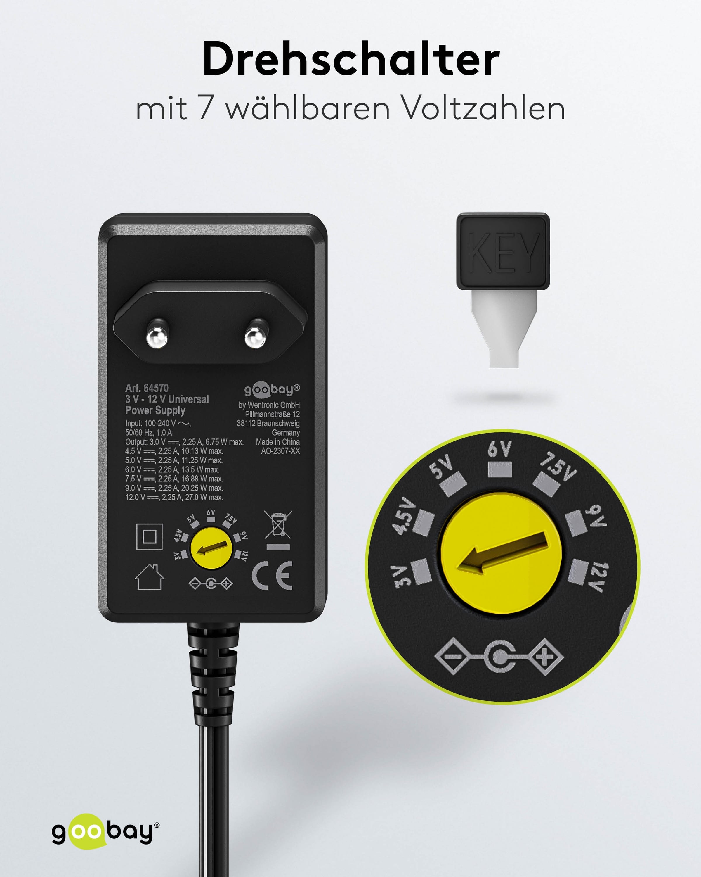 GOOBAY Universal-Netzteil 64570, 3...12 V-/27 W, 11-Adapter, inkl. USB-Adapter