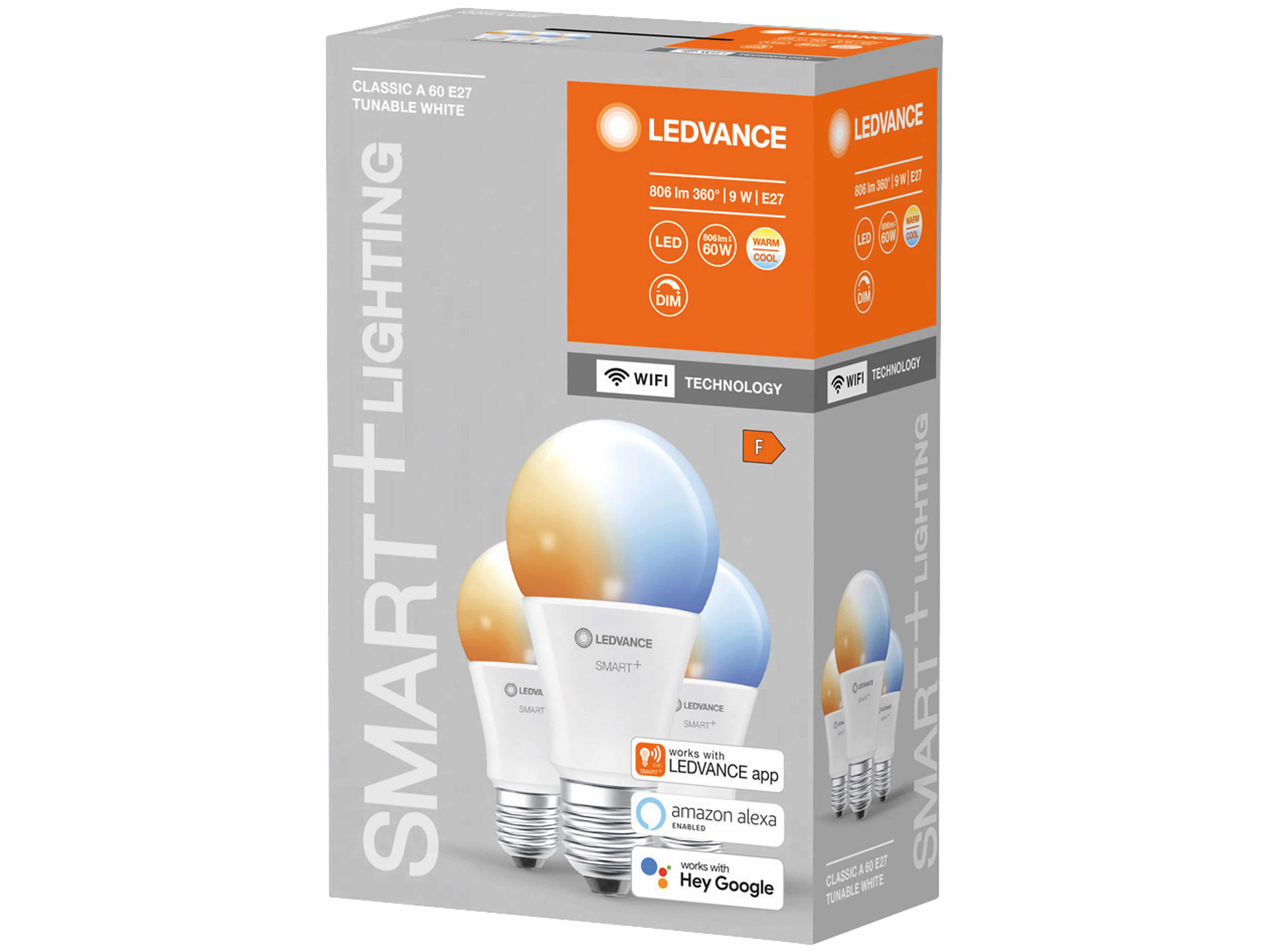 LEDVANCE LED-Lampe SMART+ WiFi Classic, A60, E27, EEK: F, 9 W, 806 lm, 2700…6500 K, Smart, 3 Stück
