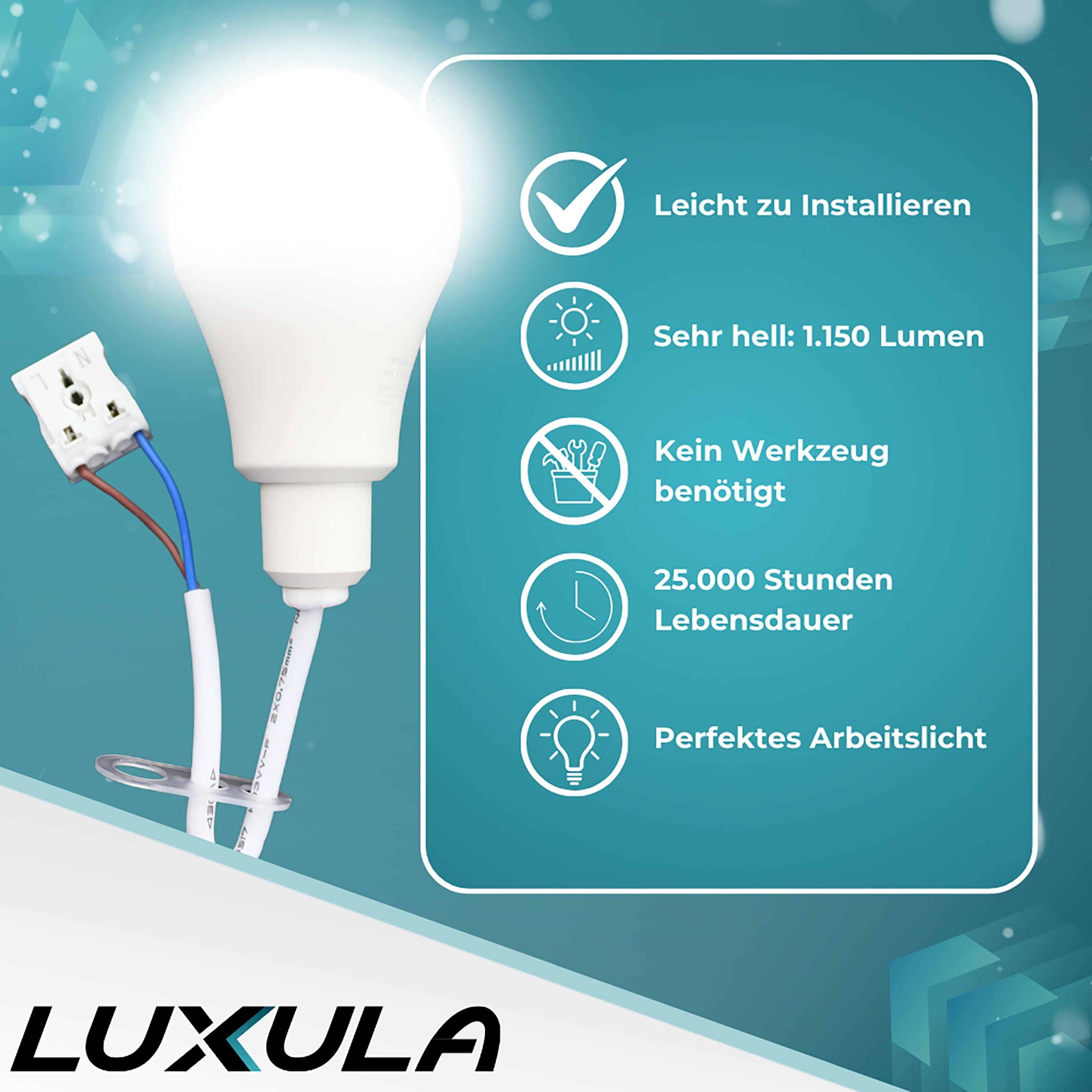 LUXULA LED Renovierungslampe LX100204, 11W, 1150lm, 4000K, mit Kabel und Klemme