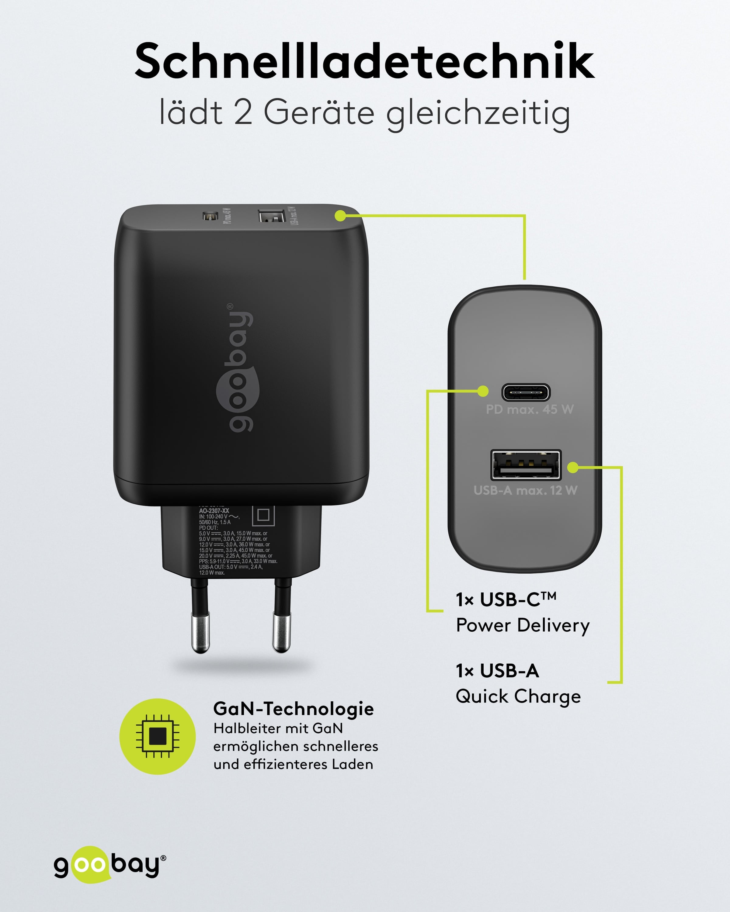 GOOBAY USB-Lader 65411, 45 W, 2-fach, 1xC PD, 1xA GaN, schwarz