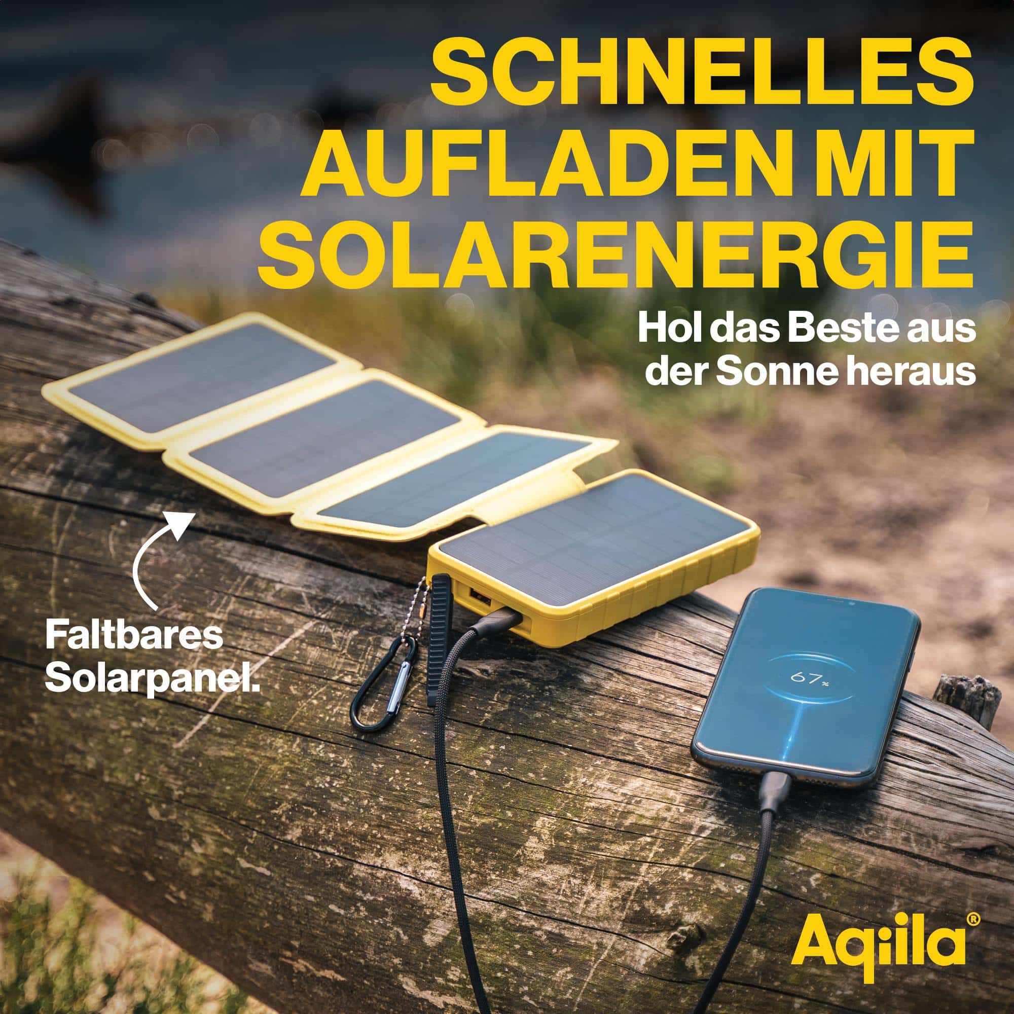 AQIILA Solar Powerbank Powerbird BS10, 20 W, 10.000mAh, USB-A, USB-C, gelb