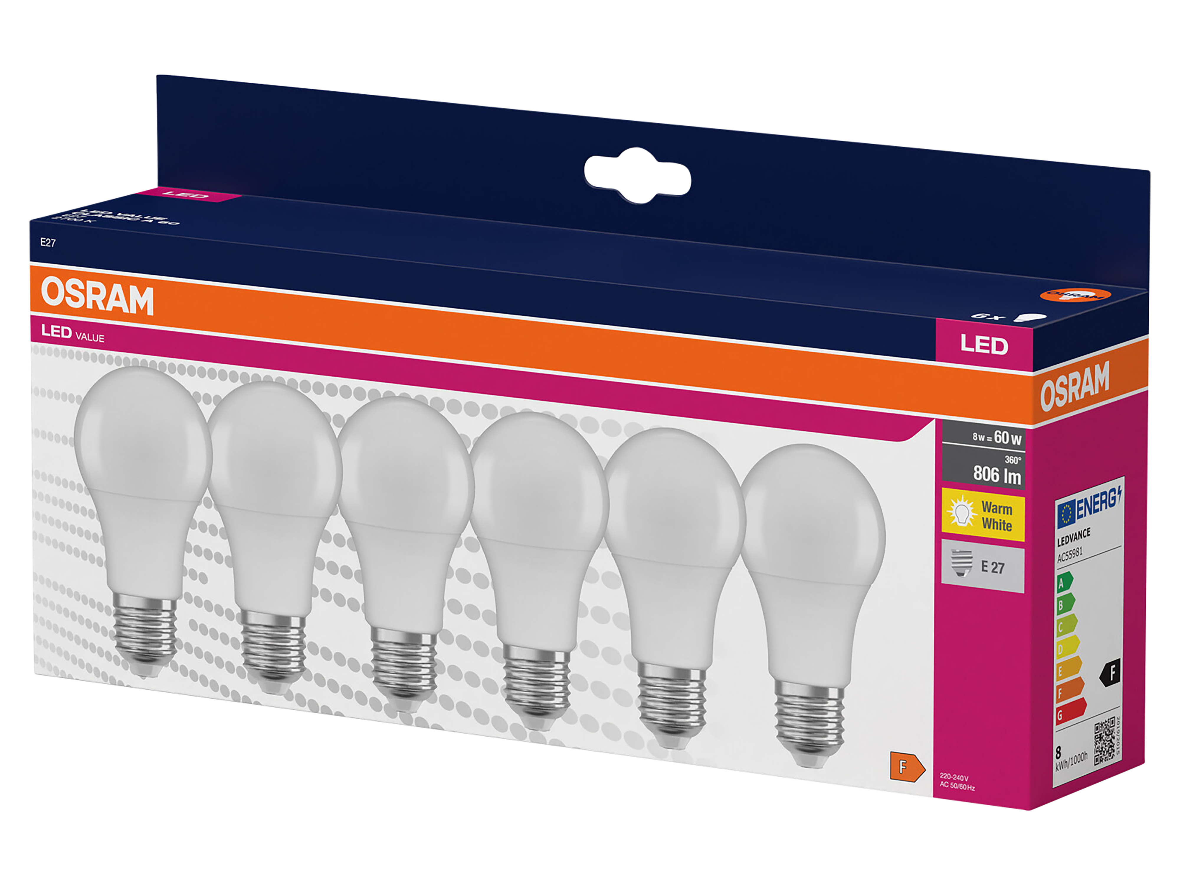 OSRAM LED-Lampe A60 matt, 6 Stück, E27, 8 W, 806 lm, 2700 K