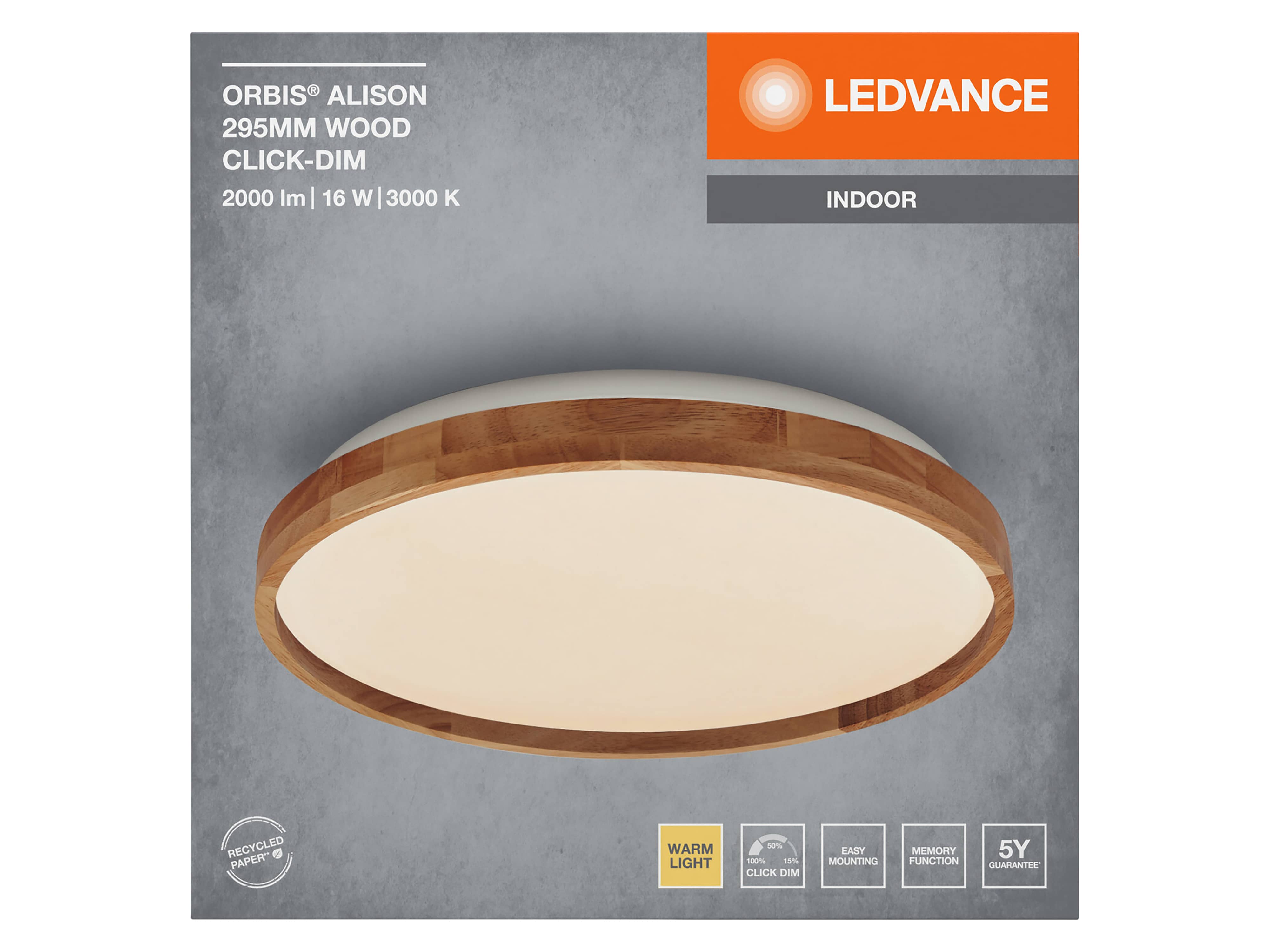 LEDVANCE LED-Deckenleuchte 4099854283567, mit Holzring, dimmbar, 3000K