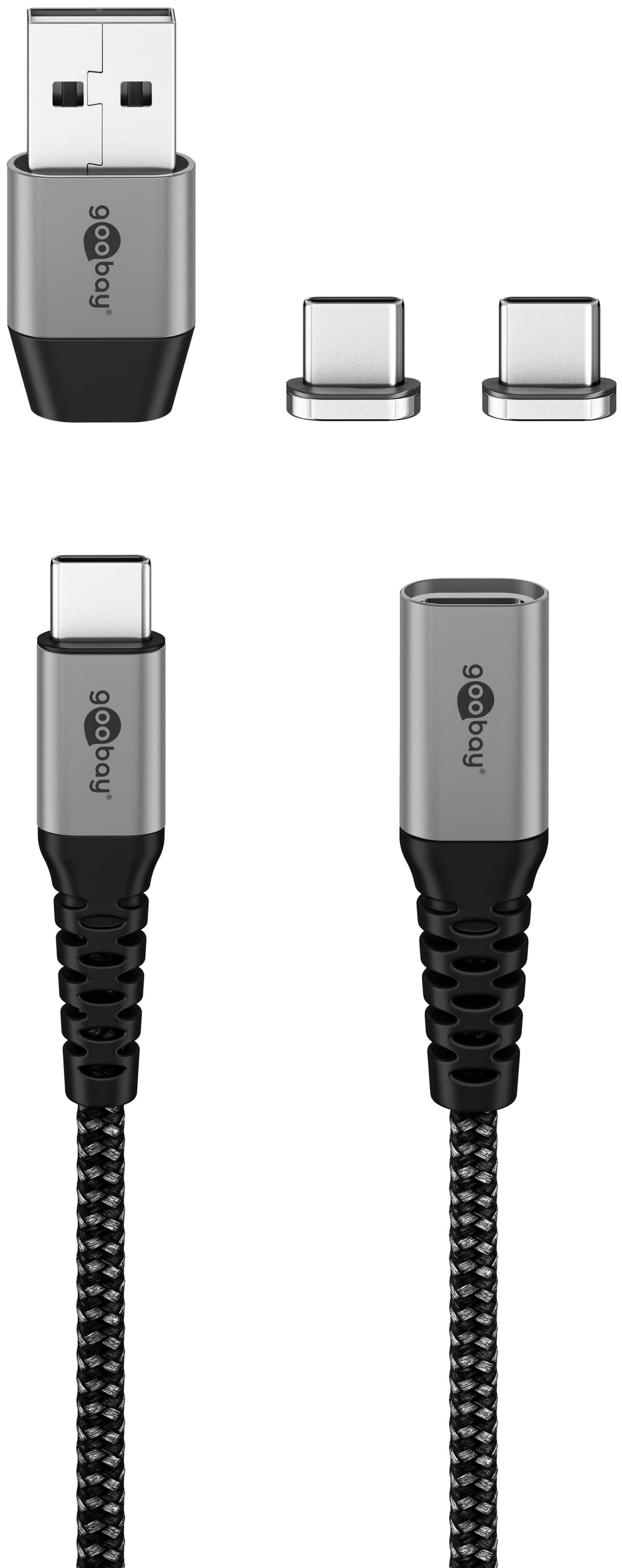 GOOBAY USB-Ladekabel 2in1 USB-C/USB-A auf USB_C Magnetadapter 1m im Textilmantel