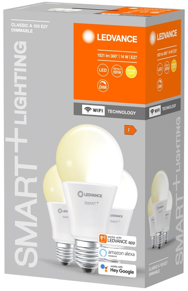 LEDVANCE LED-Lampe SMART+ WiFi Classic, A75, E27, EEK: F, 14 W, 1521 lm, 2700 K, Smart, 3 Stück