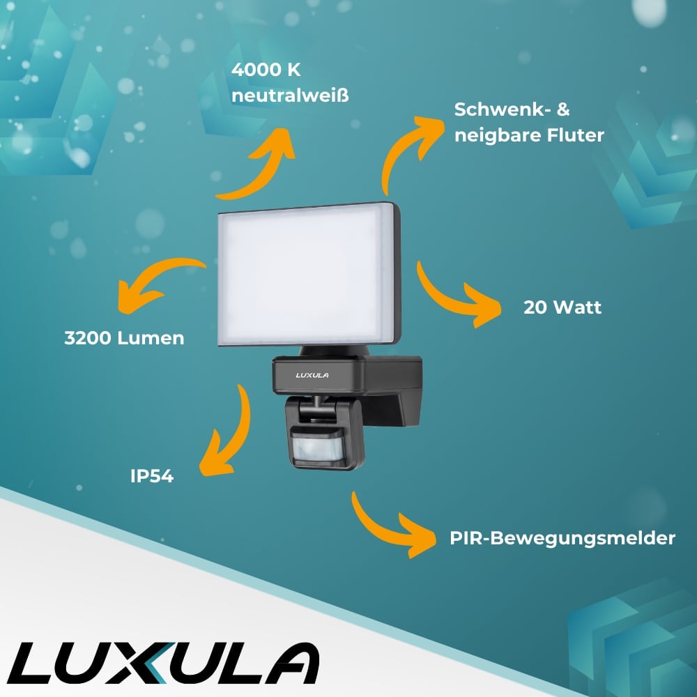 LUXULA LED-Fluter LX400193, mit BM, 20 W, 2100 lm, 4000 K, schwarz