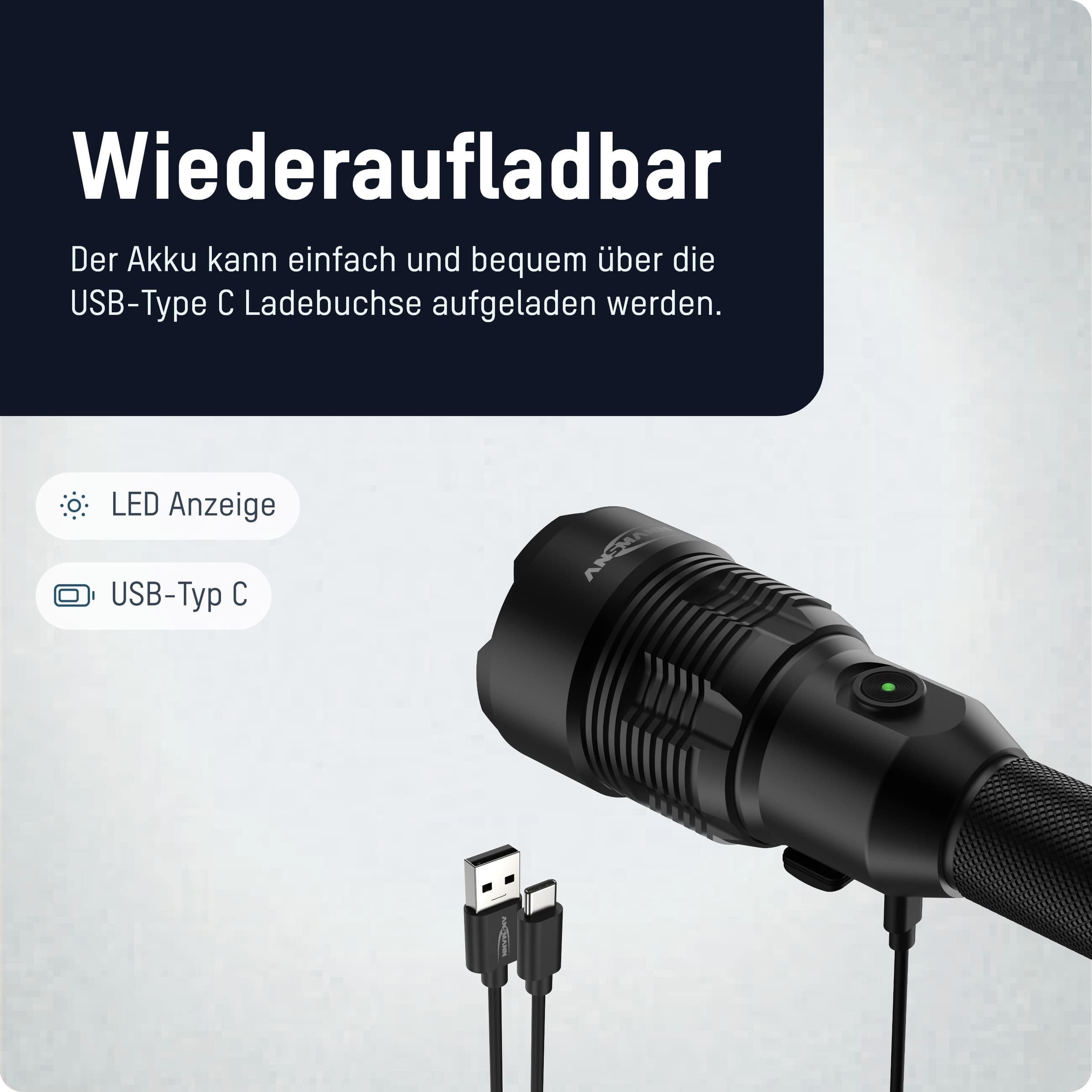 ANSMANN LED-Taschenlampe T12000FR, 12000 lm, wiederaufladbar, schwarz