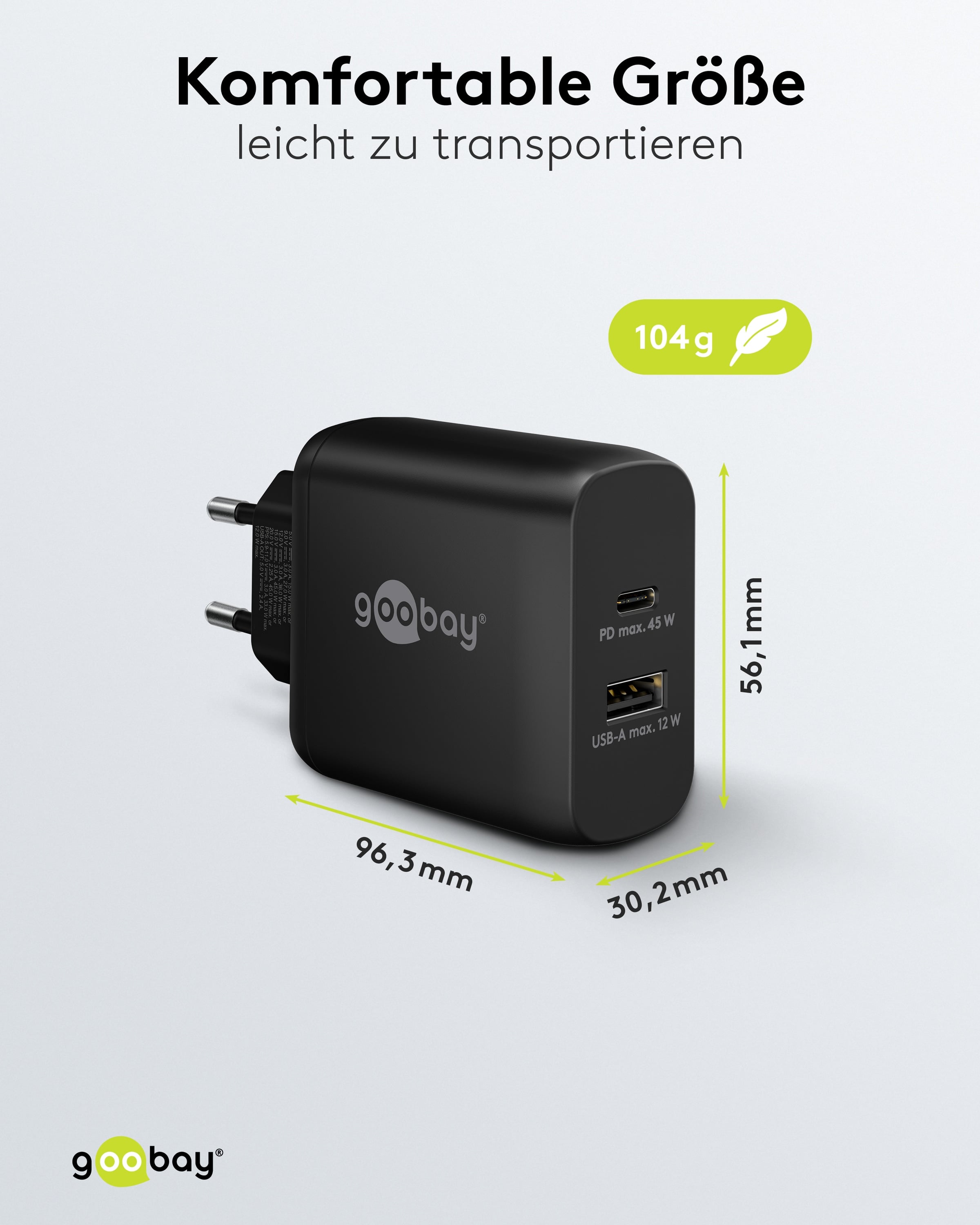 GOOBAY USB-Lader 65411, 45 W, 2-fach, 1xC PD, 1xA GaN, schwarz