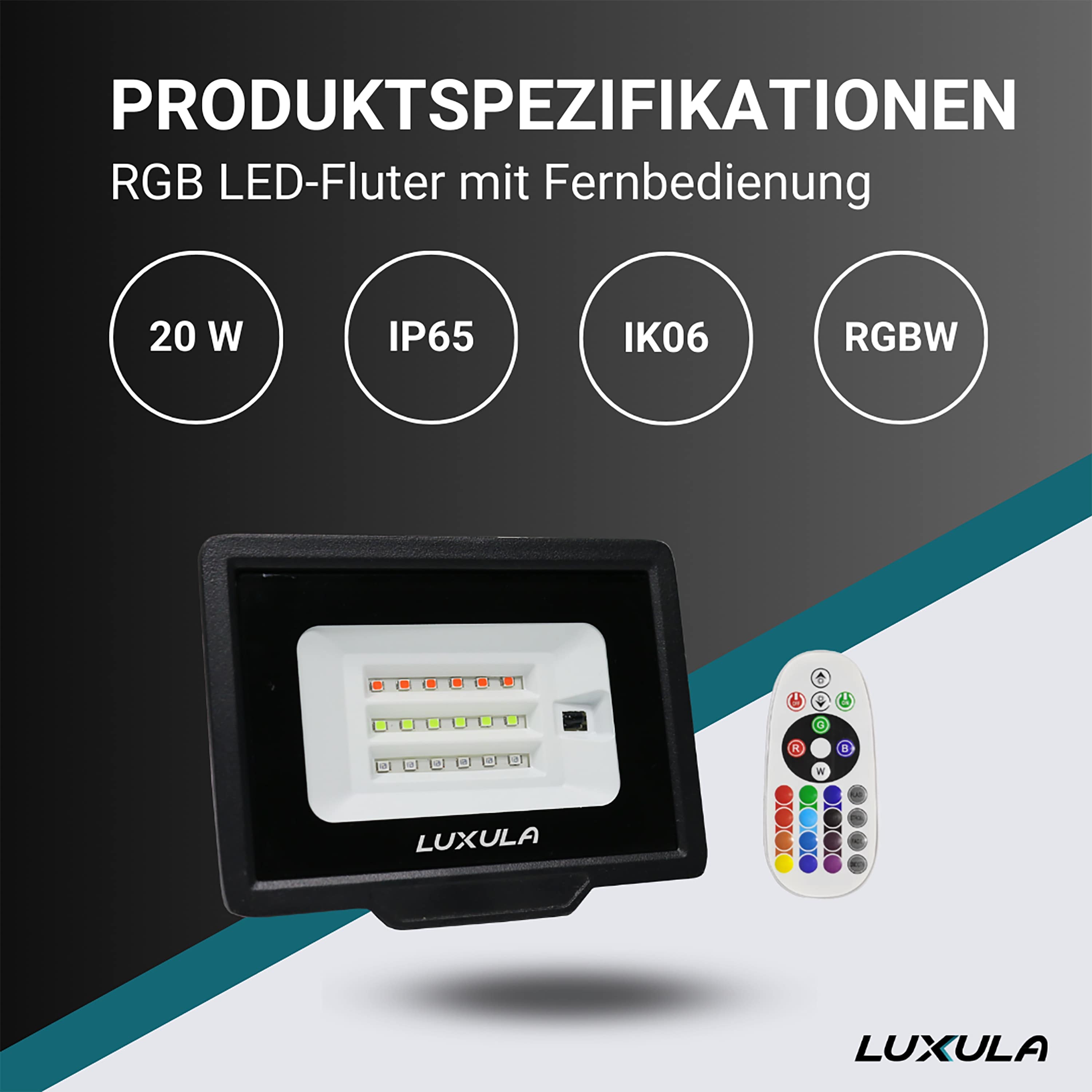 LUXULA RGB LED-Fluter LX400181, 20W, IP65, schwarz, mit Fernbedienung