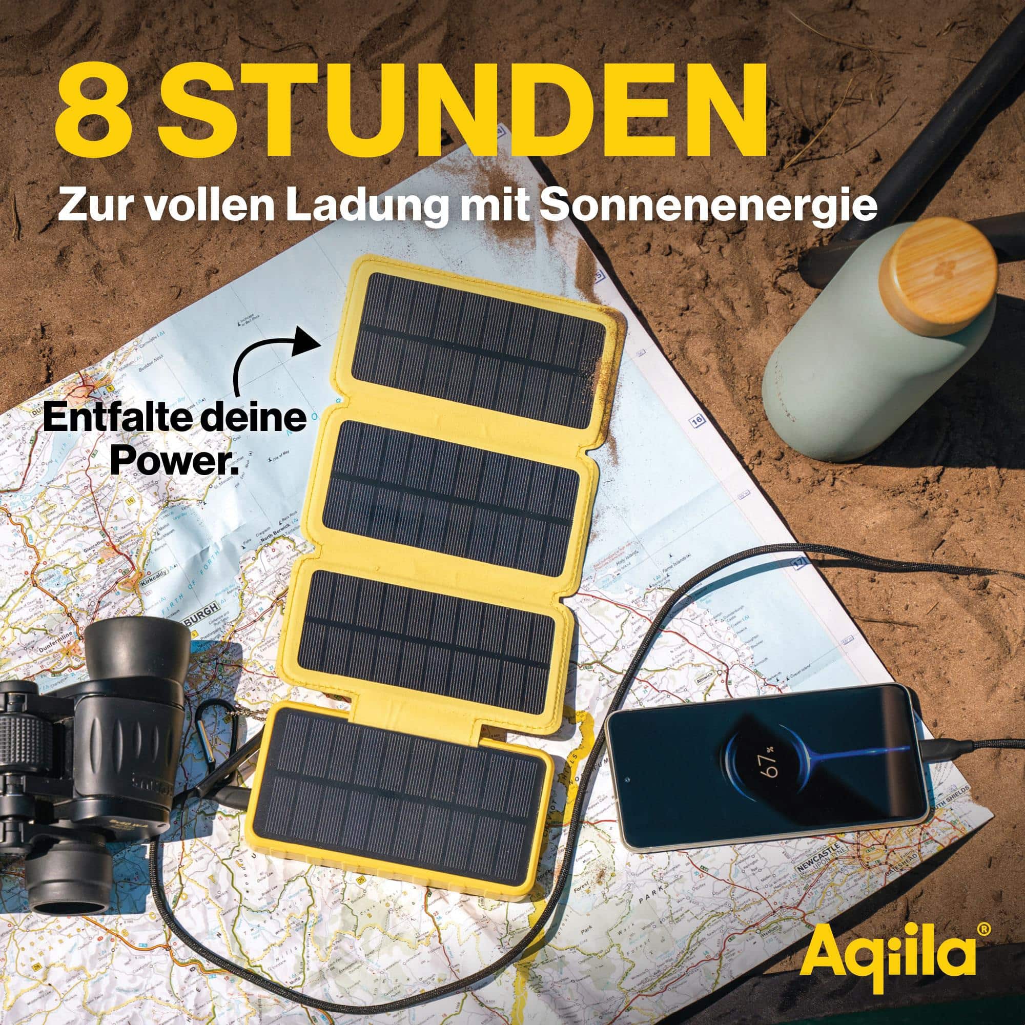 AQIILA Solar Powerbank Powerbird BS10, 20 W, 10.000mAh, USB-A, USB-C, gelb