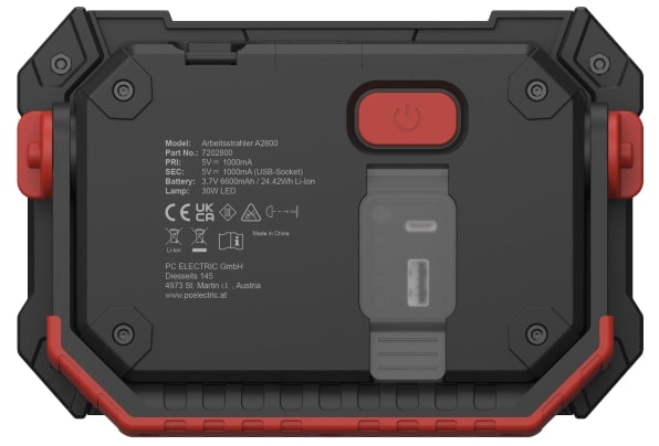 PCE LED-Arbeitsleuchte A2800, 6600mAh, USB-C, IP64, schwarz