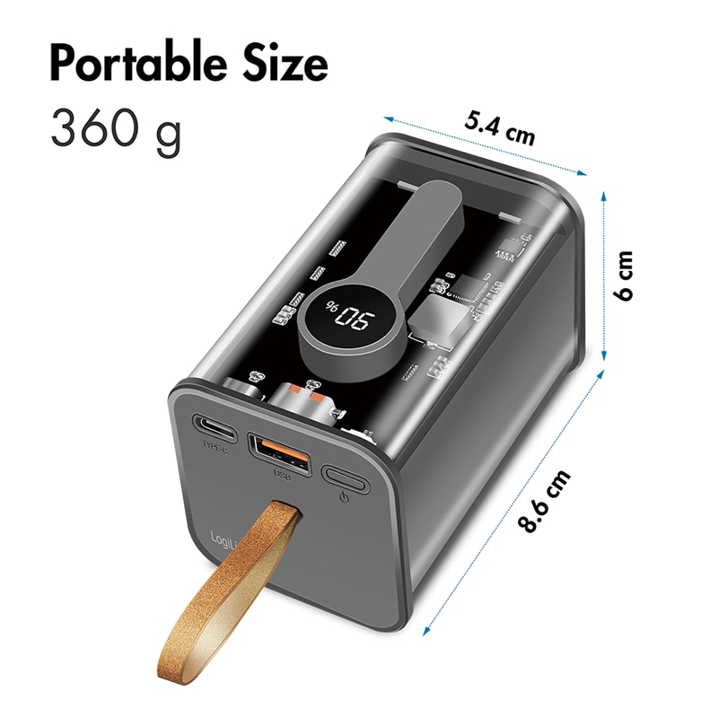 LOGILINK USB Powerbank PA0307, 20.000mAh, 2x USB, mit Display, transp.