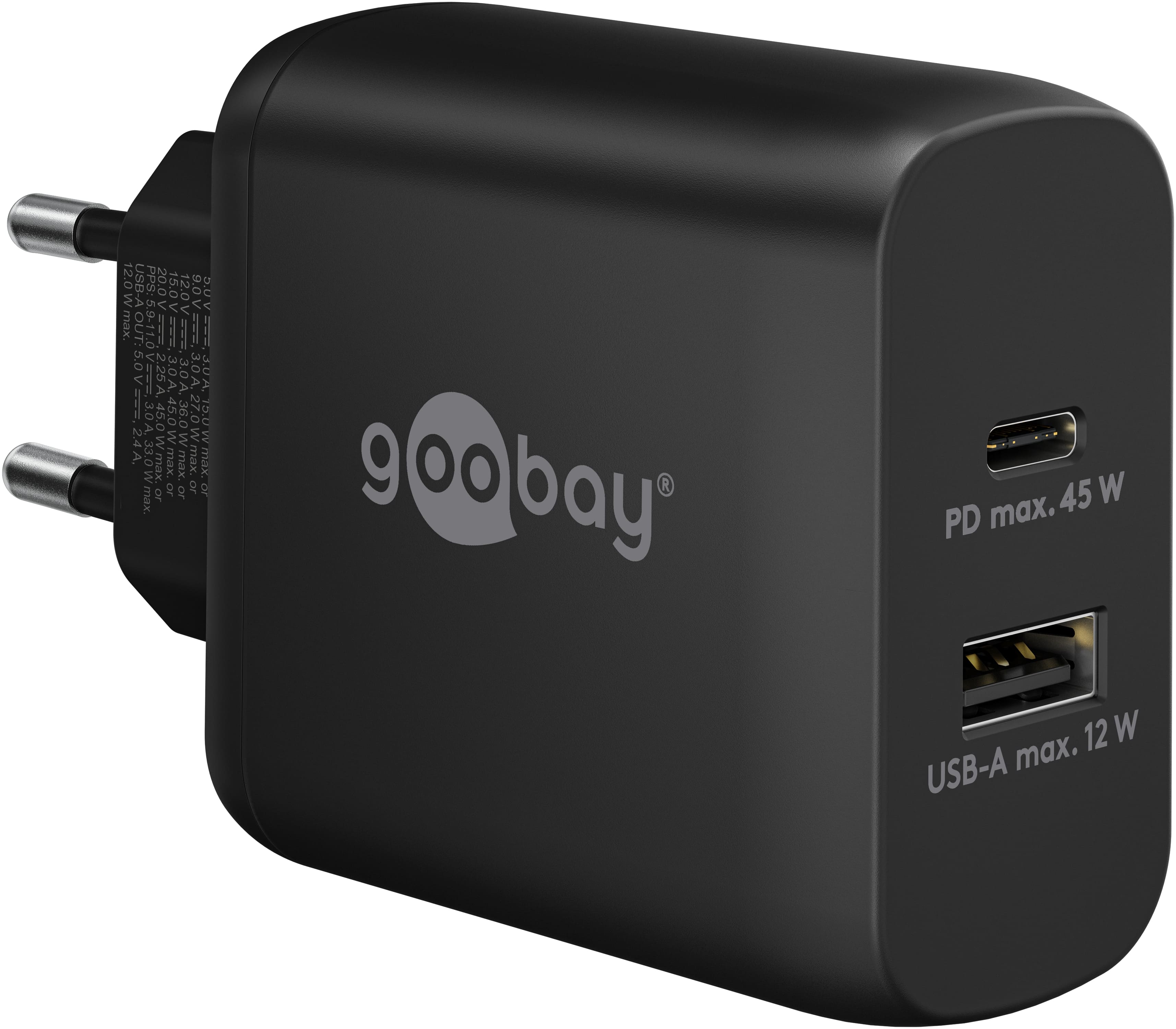 GOOBAY USB-Lader 65411, 45 W, 2-fach, 1xC PD, 1xA GaN, schwarz