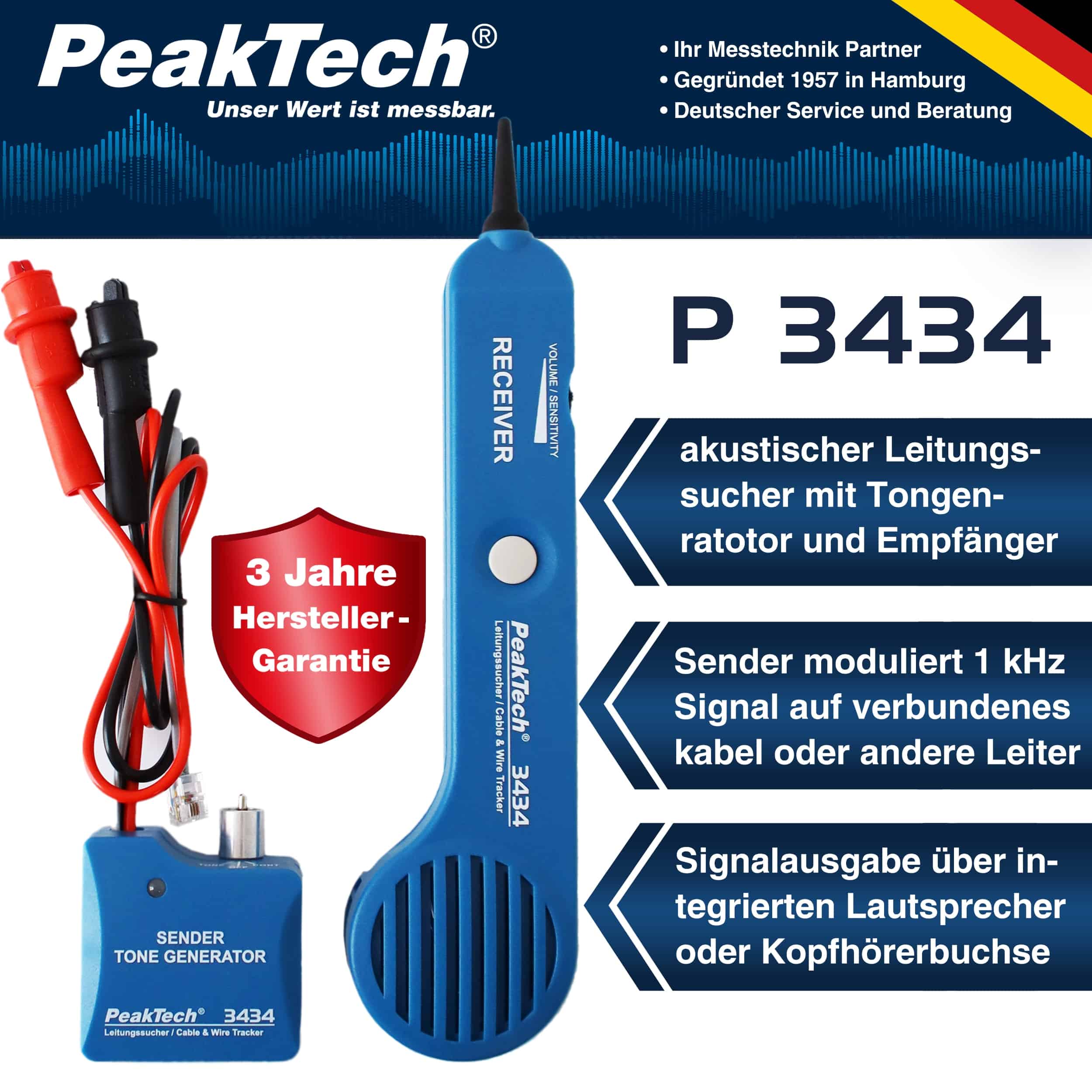 PEAKTECH Akustischer Leitungssucher, P 3434, mit Ton-Generator