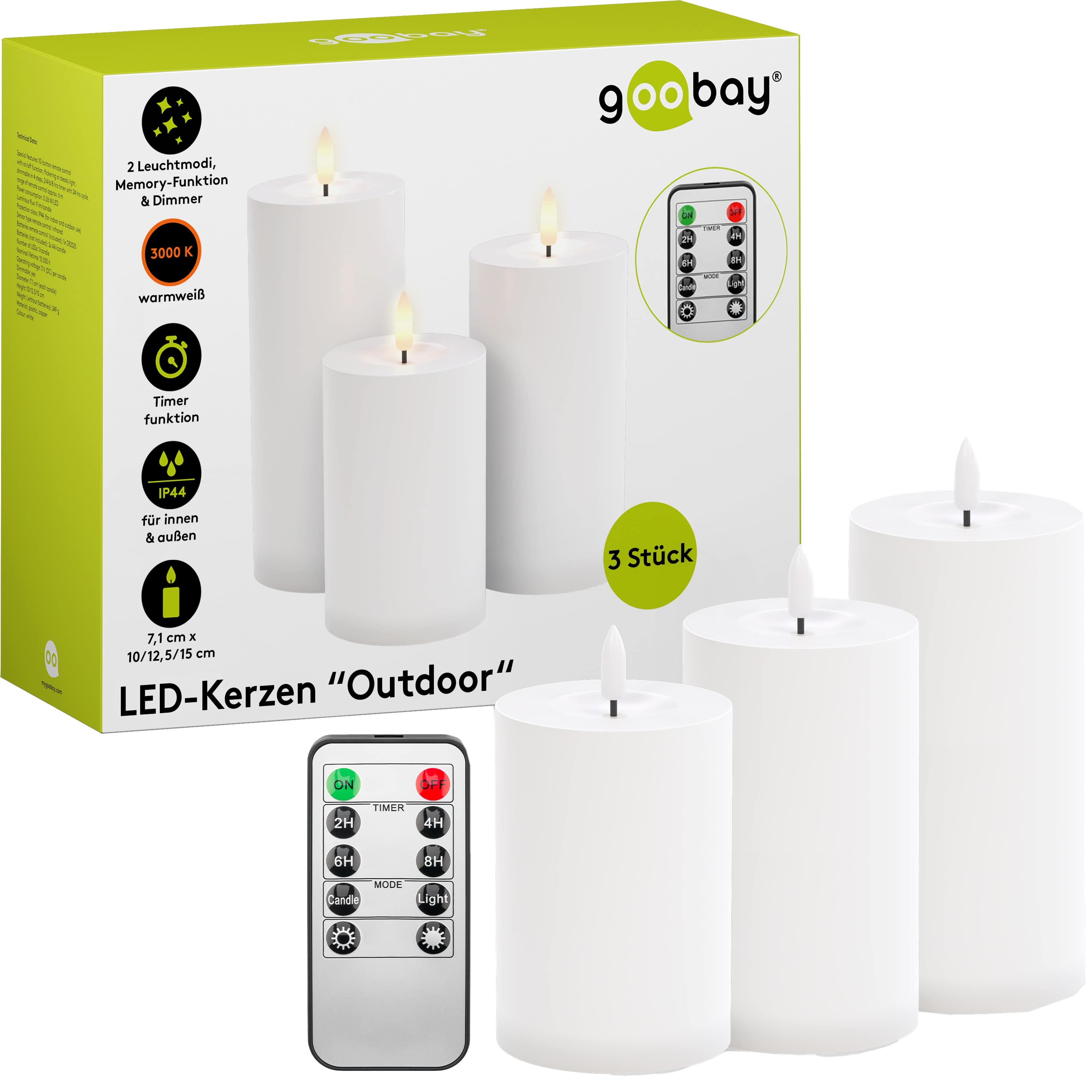 GOOBAY LED-Kerzen 64786, 3er Set, mit Fernbedienung, warmweiß