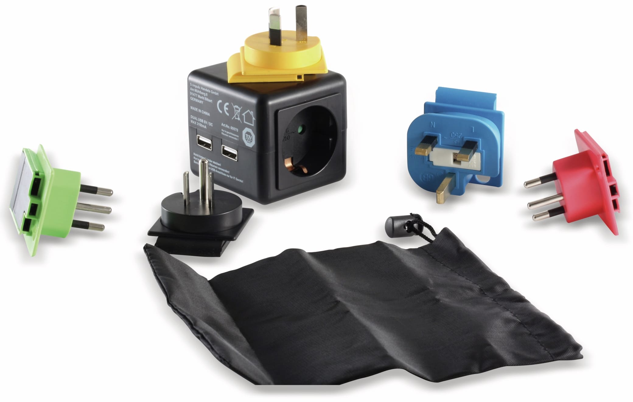 S-IMPULS Welt-Reiseadapter mit Schutzkontakt-Steckdose, 2x USB, TÜV