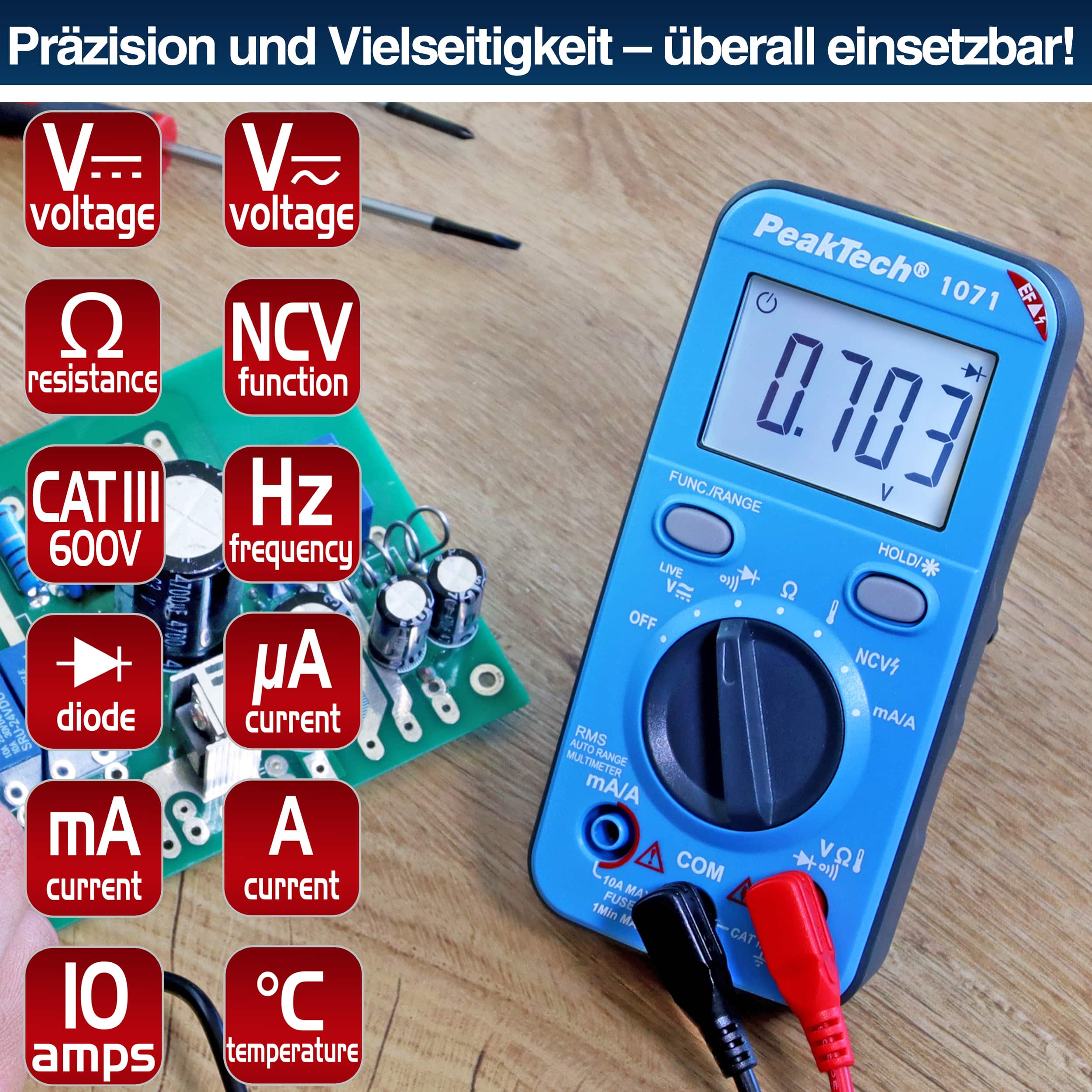 PEAKTECH Multimeter, P 1071, 600 V AC/DC, NCV