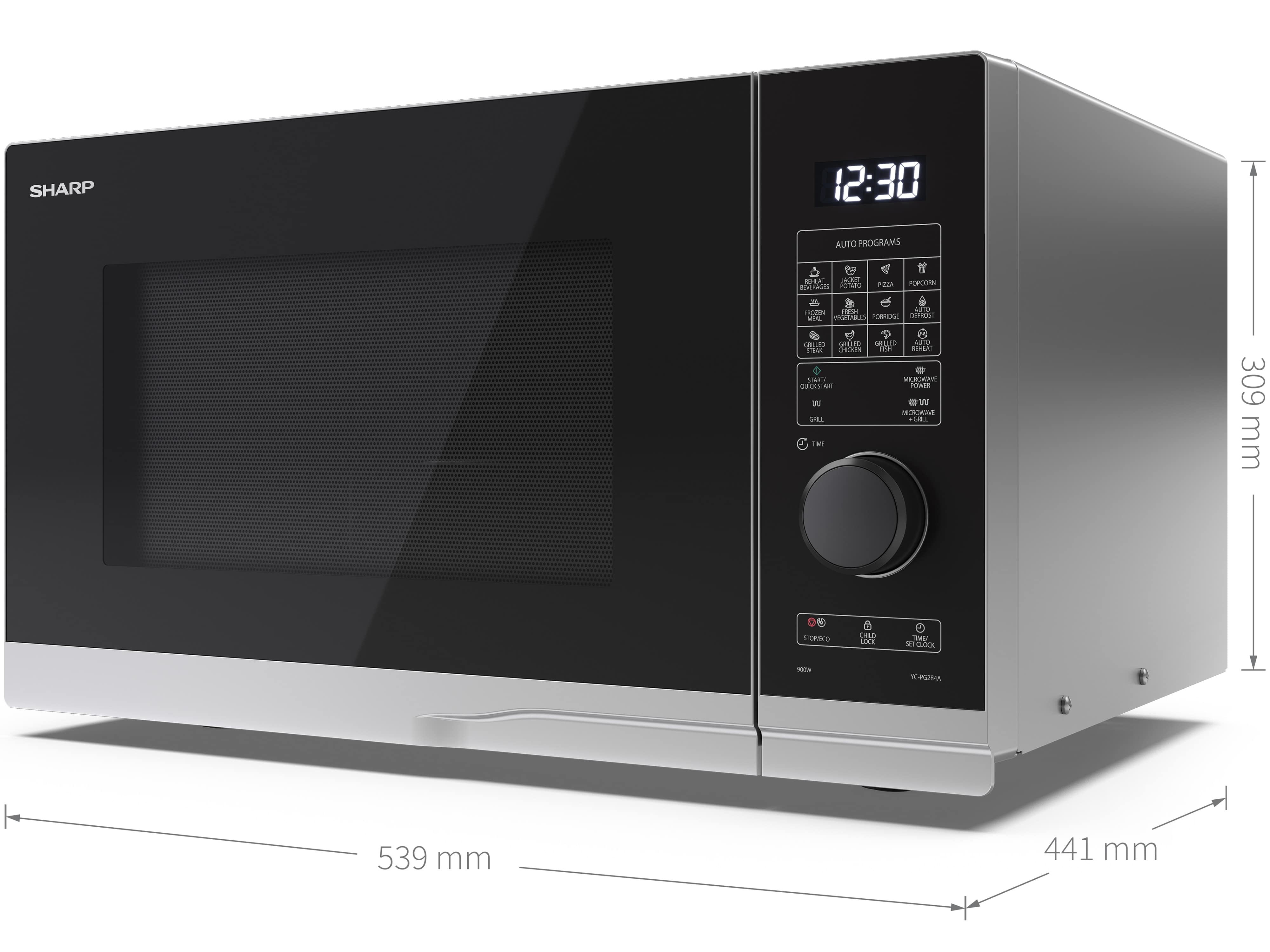 SHARP Mikrowelle YC-PG234AE-S, silber, mit Grill, 23 L, 900 W