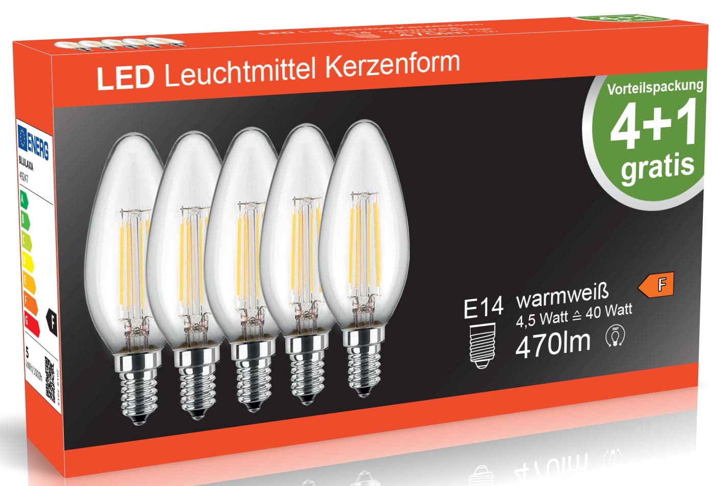 BLULAXA LED-Filament-Lampe, C35, EEK: F, E14, 4,5 W, 470 lm, 2700 K, 5 Stück