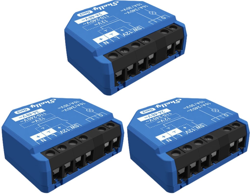 SHELLY Smart-Schalter 1 Gen3, Relais, Unterputz, 1 Kanal, max. 16 A, WLAN, Bluetooth, 3 Stück