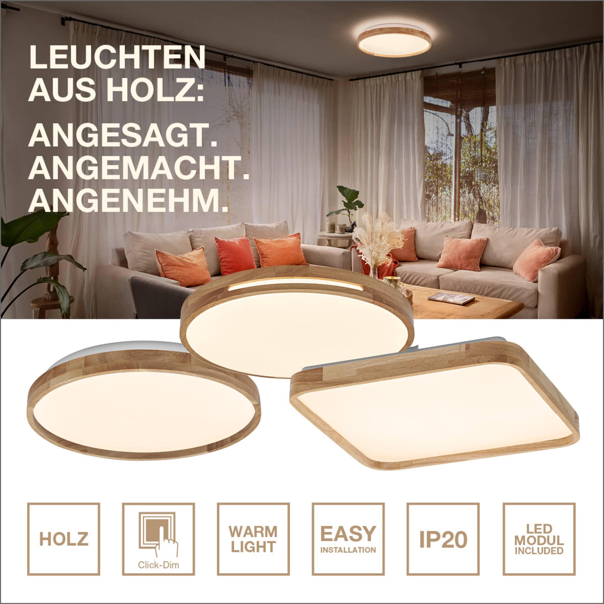 LEDVANCE LED-Deckenleuchte 4099854283581, mit Holzring, 24W, 1500lm, 3000K